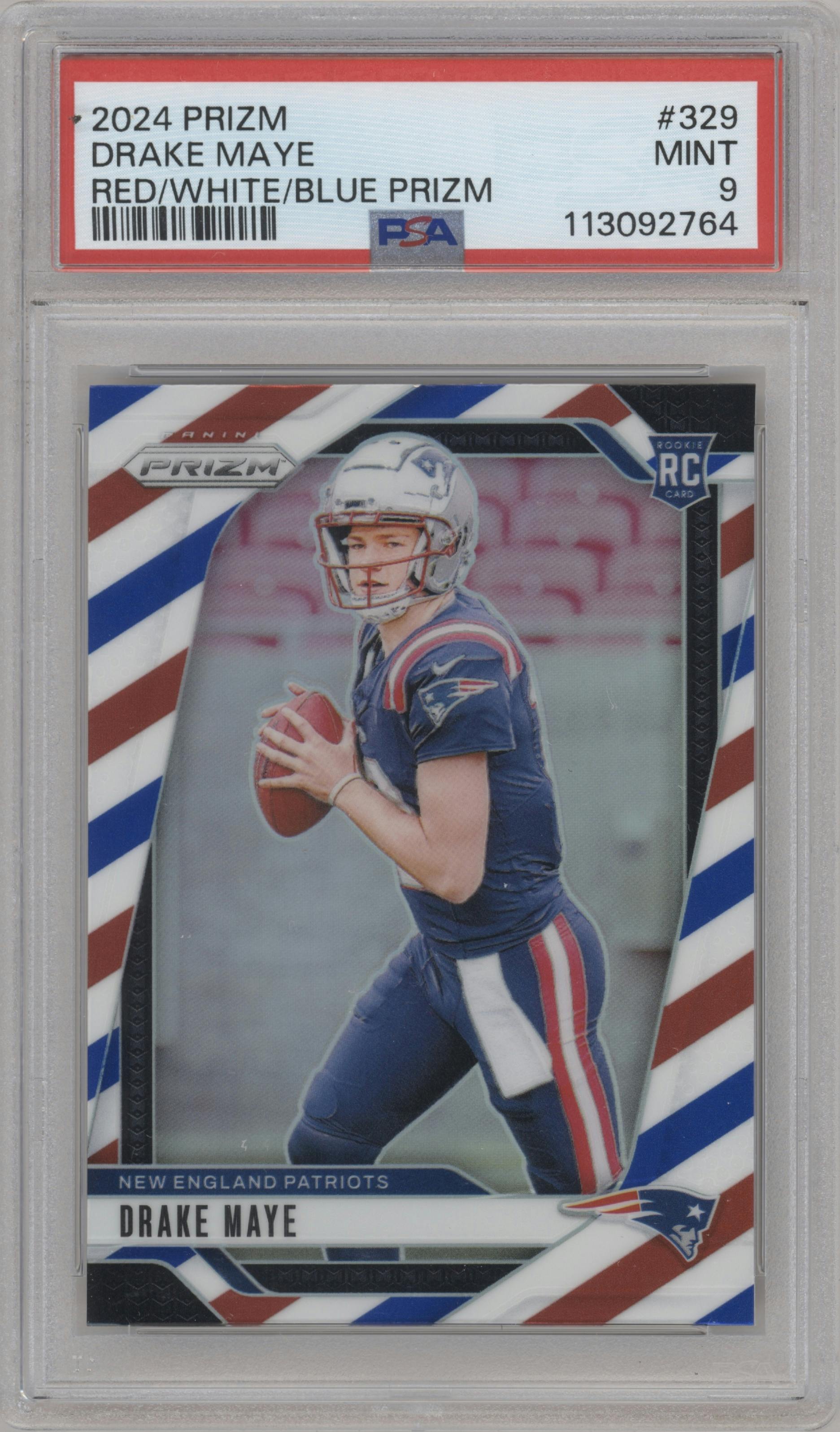Drake Maye from the 2024 Panini Prizm set featuring a Red White Blue Prizm parallel graded by PSA and given an overall grade of 9.