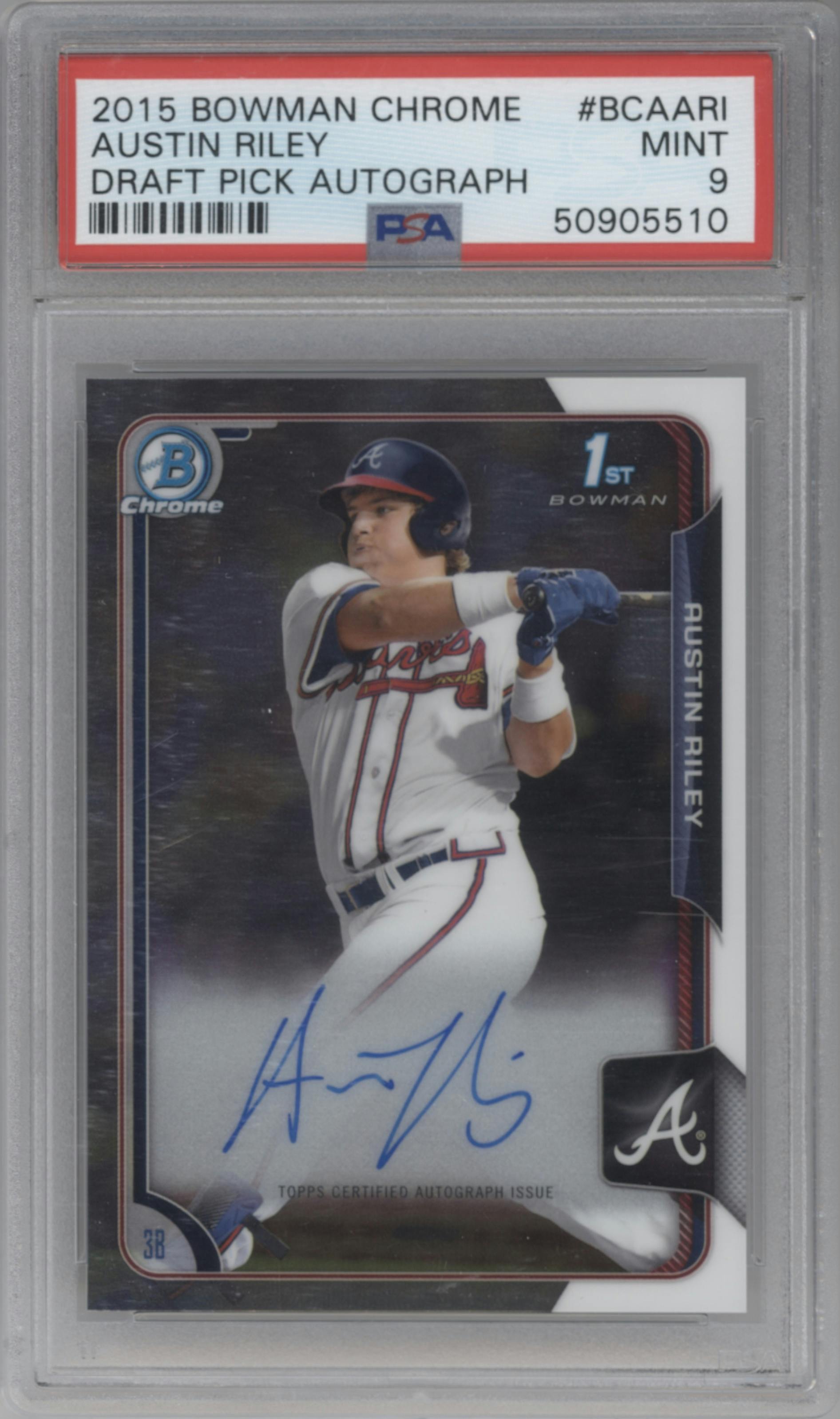 Austin Riley from the 2015 Bowman Draft set graded by PSA and given an overall grade of 9.
