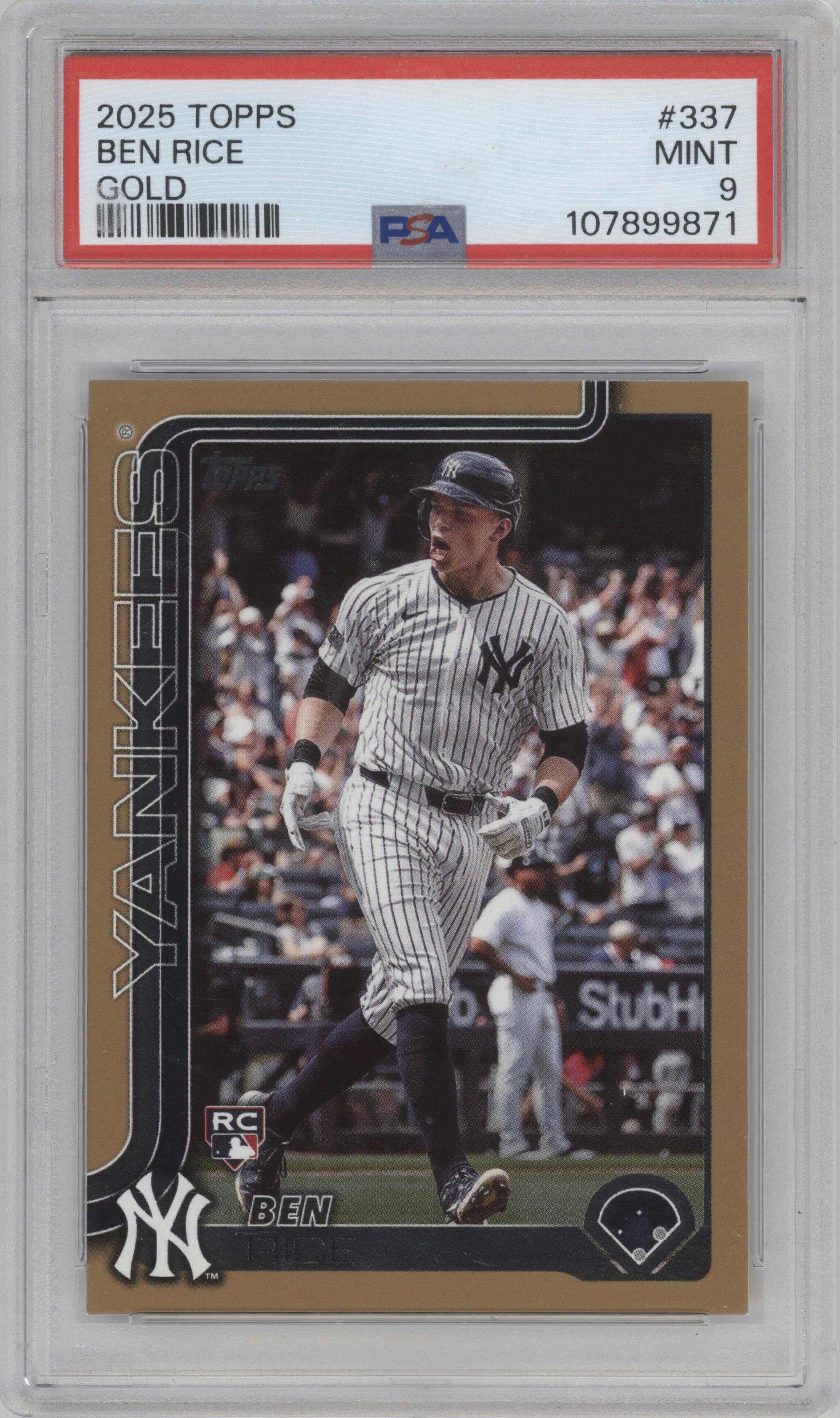 Ben Rice from the 2025 Topps set featuring a Gold parallel graded by PSA and given an overall grade of 9.