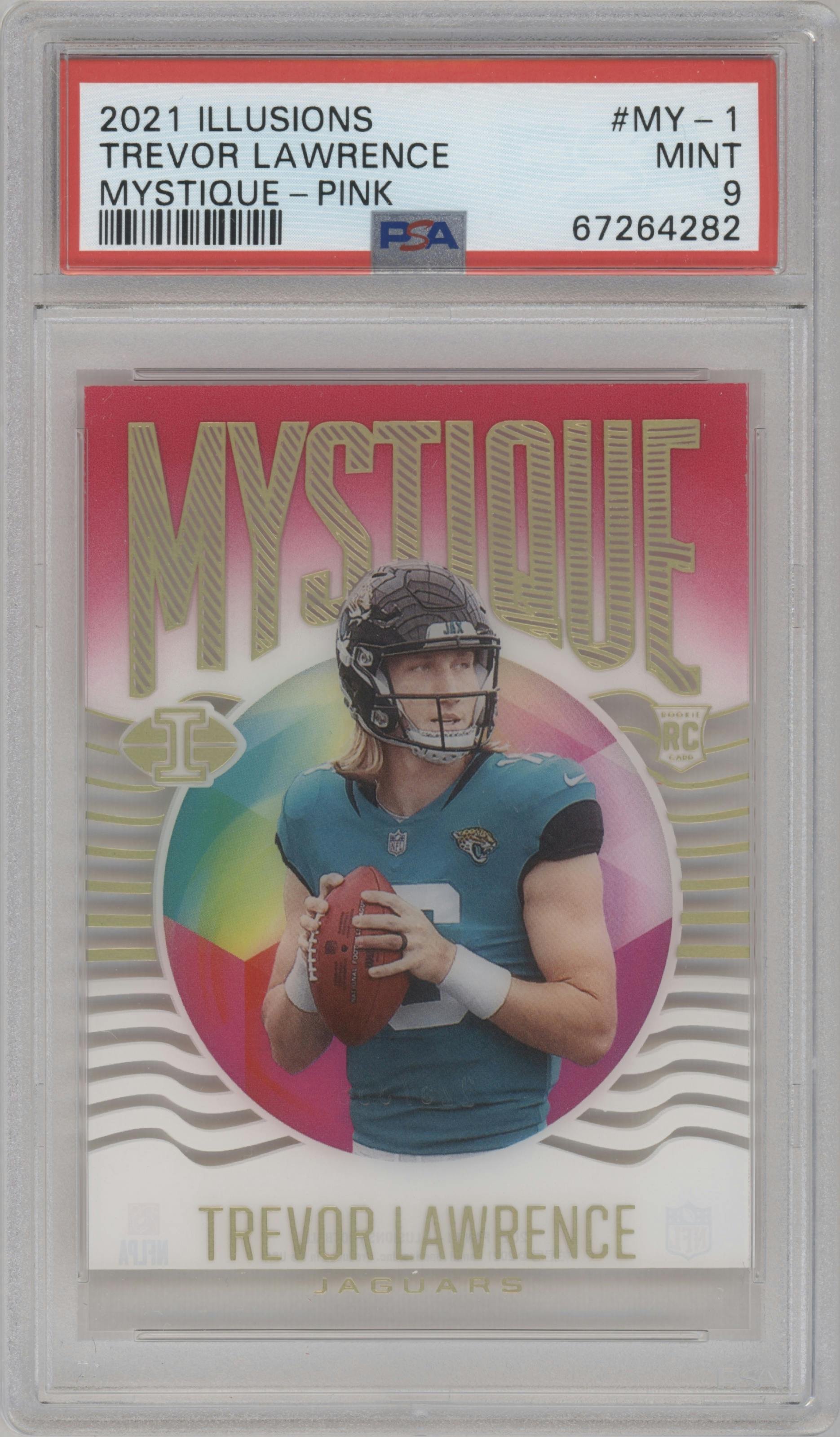 Trevor Lawrence from the 2021 Panini Illusions set featuring a Pink parallel graded by PSA and given an overall grade of 9.