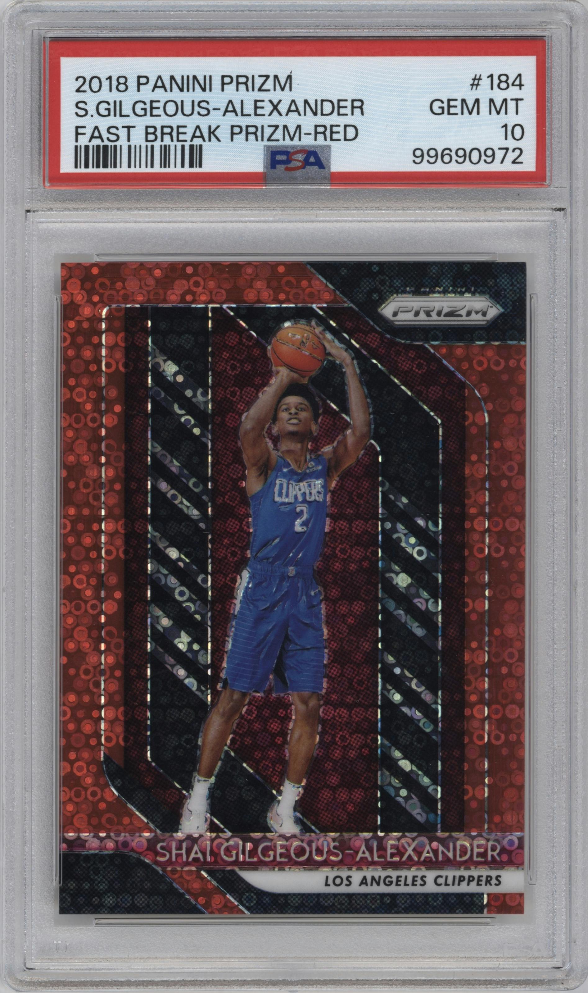 Shai Gilgeous-Alexander from the 2018-19 Panini Prizm set featuring a Fast Break Red parallel graded by PSA and given an overall grade of 10.