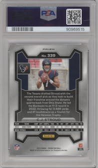 C.J. Stroud from the 2023 Panini Prizm set featuring a Silver Prizm parallel graded by PSA and given an overall grade of 10.