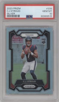 C.J. Stroud from the 2023 Panini Prizm set featuring a Silver Prizm parallel graded by PSA and given an overall grade of 10.