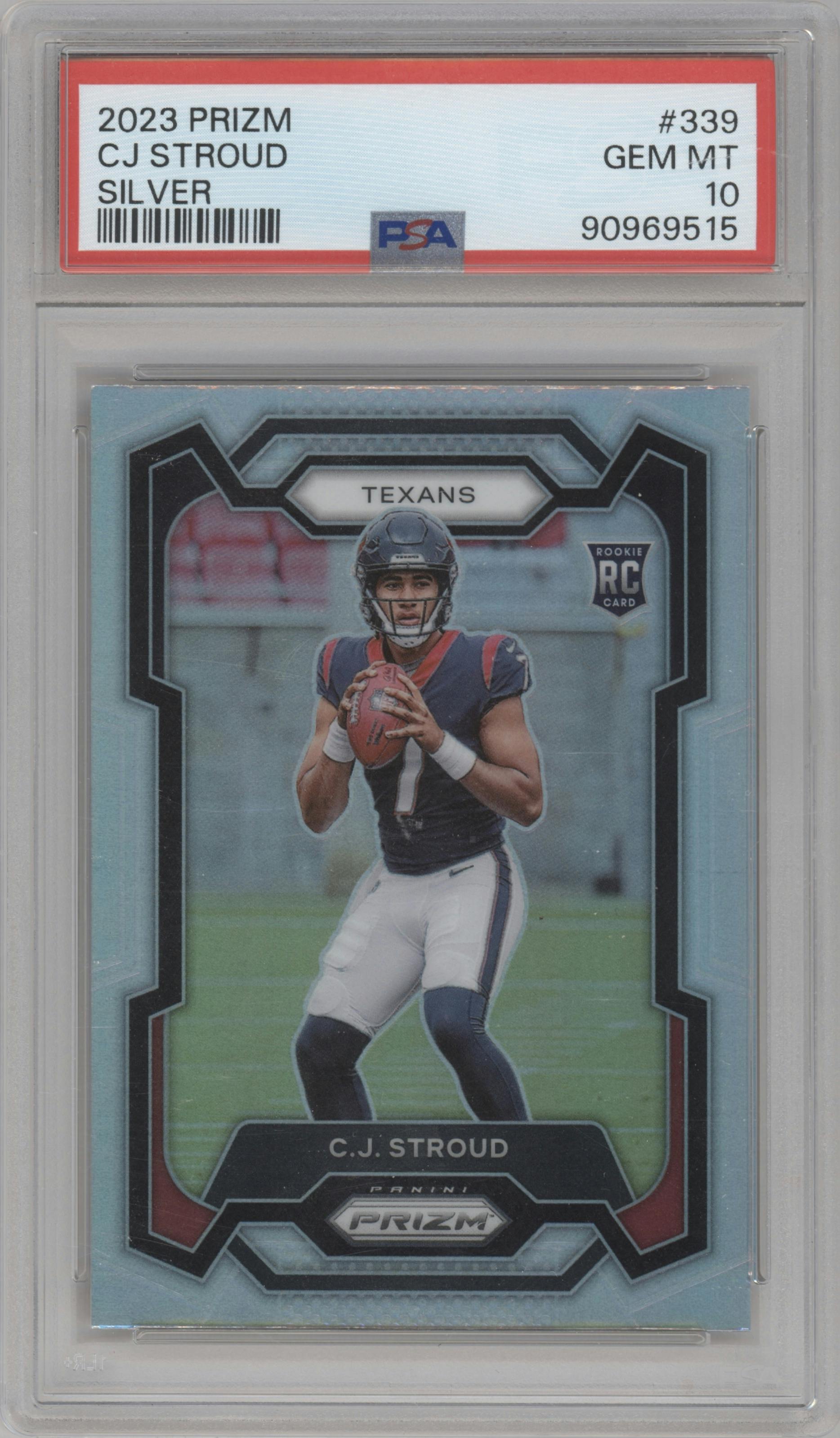 C.J. Stroud from the 2023 Panini Prizm set featuring a Silver Prizm parallel graded by PSA and given an overall grade of 10.