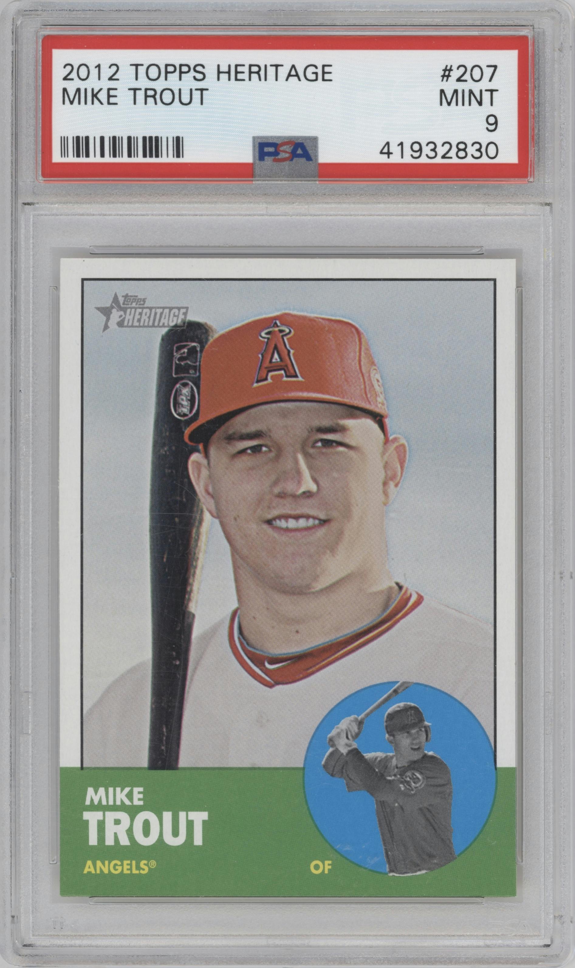 Mike Trout from the 2012 Topps Heritage set graded by PSA and given an overall grade of 9.