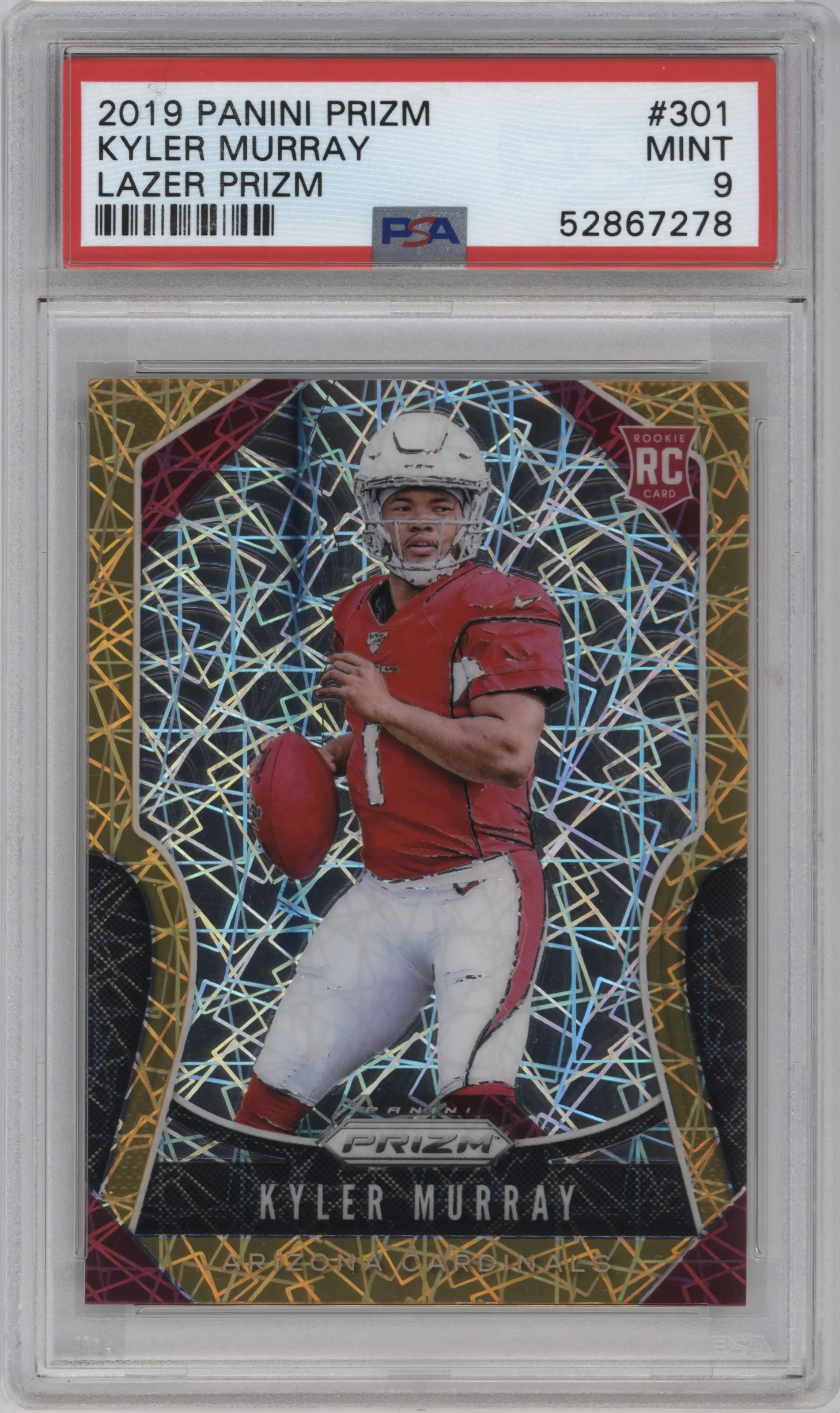 Kyler Murray from the 2019 Panini Prizm set featuring a Lazer Prizm parallel graded by PSA and given an overall grade of 9.