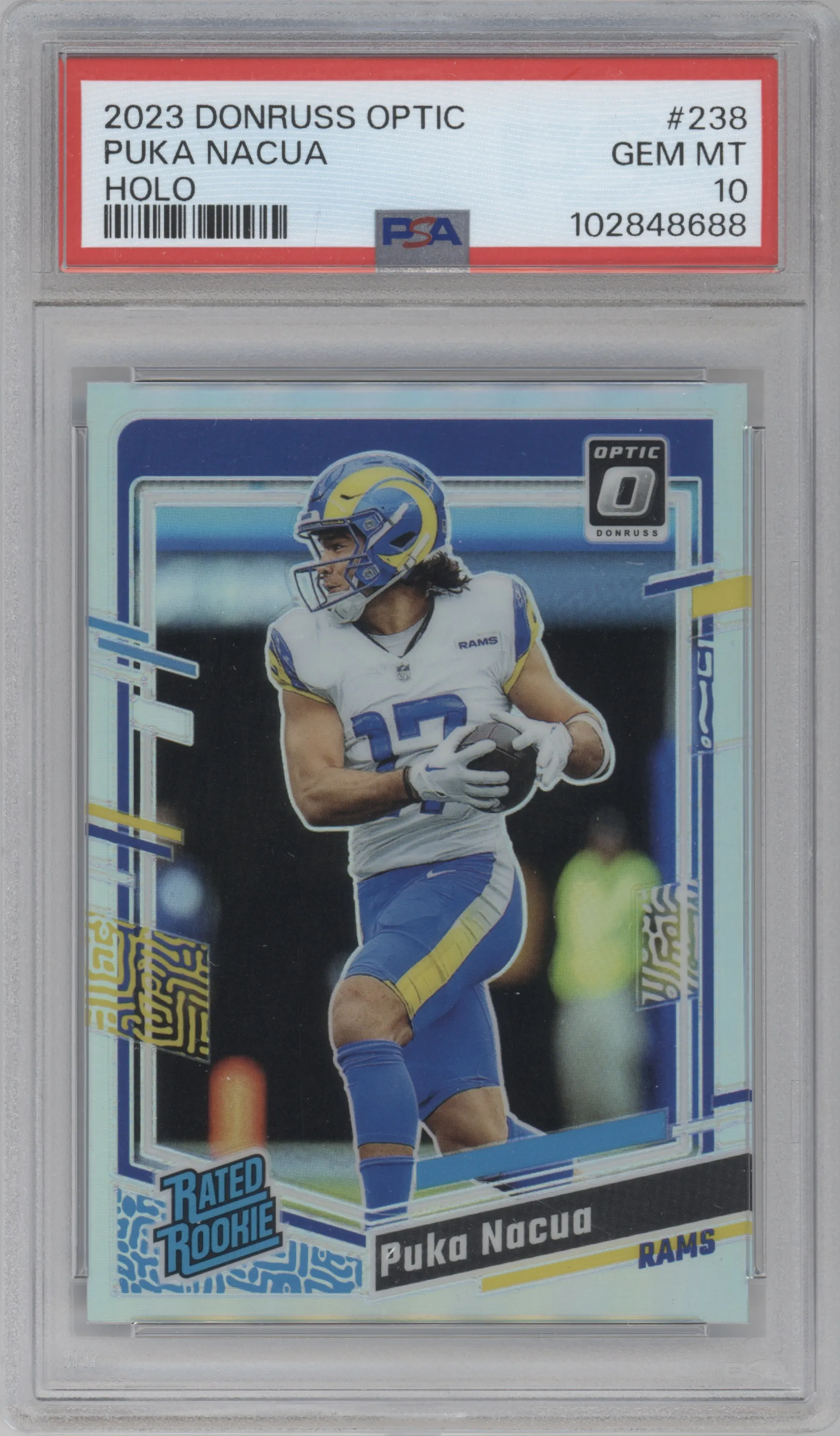 Puka Nacua from the 2023 Donruss Optic set featuring a Holo parallel graded by PSA and given an overall grade of 10.