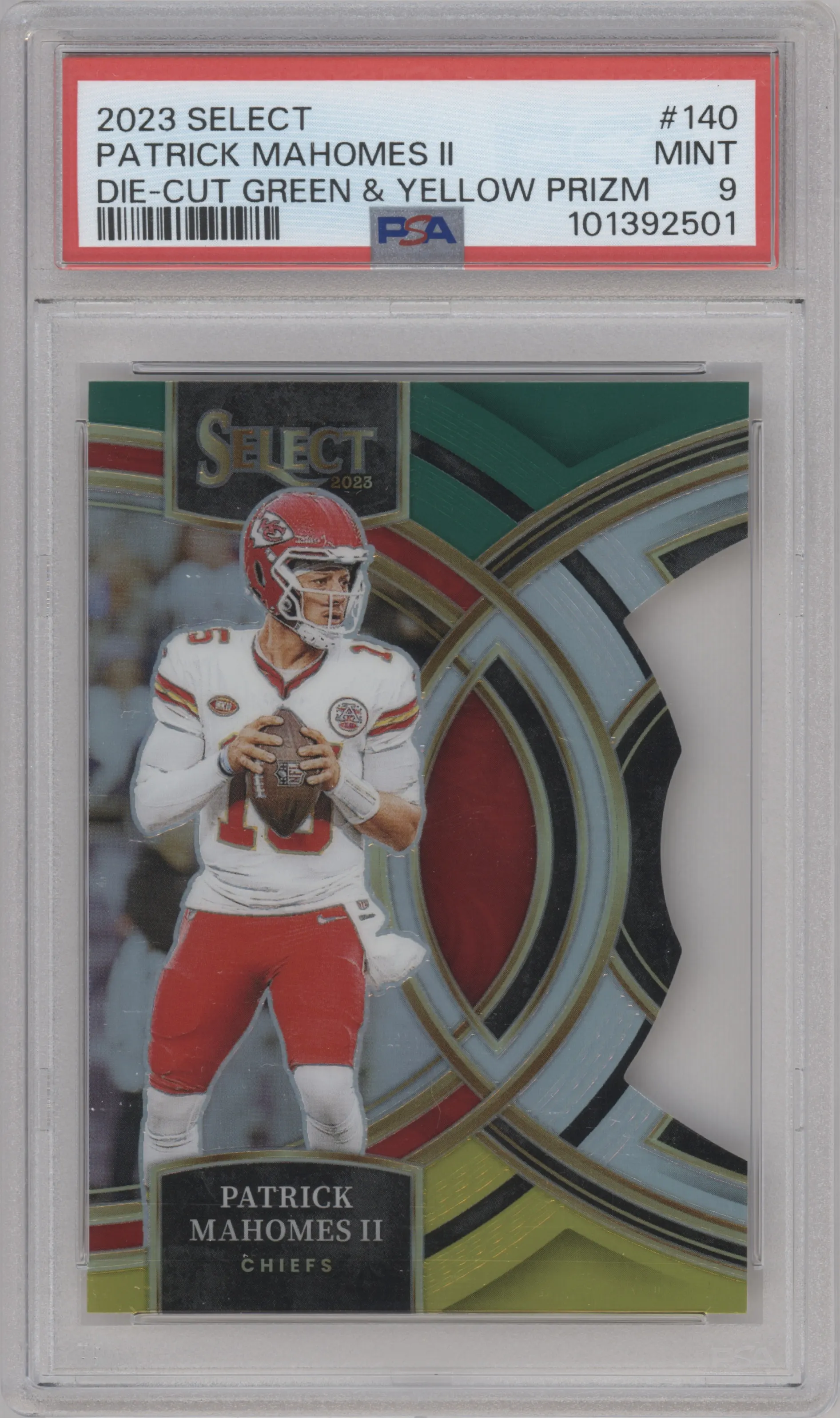 Patrick Mahomes II from the 2023 Panini Select set featuring a Die-Cut Green/Yellow parallel graded by PSA and given an overall grade of 9.