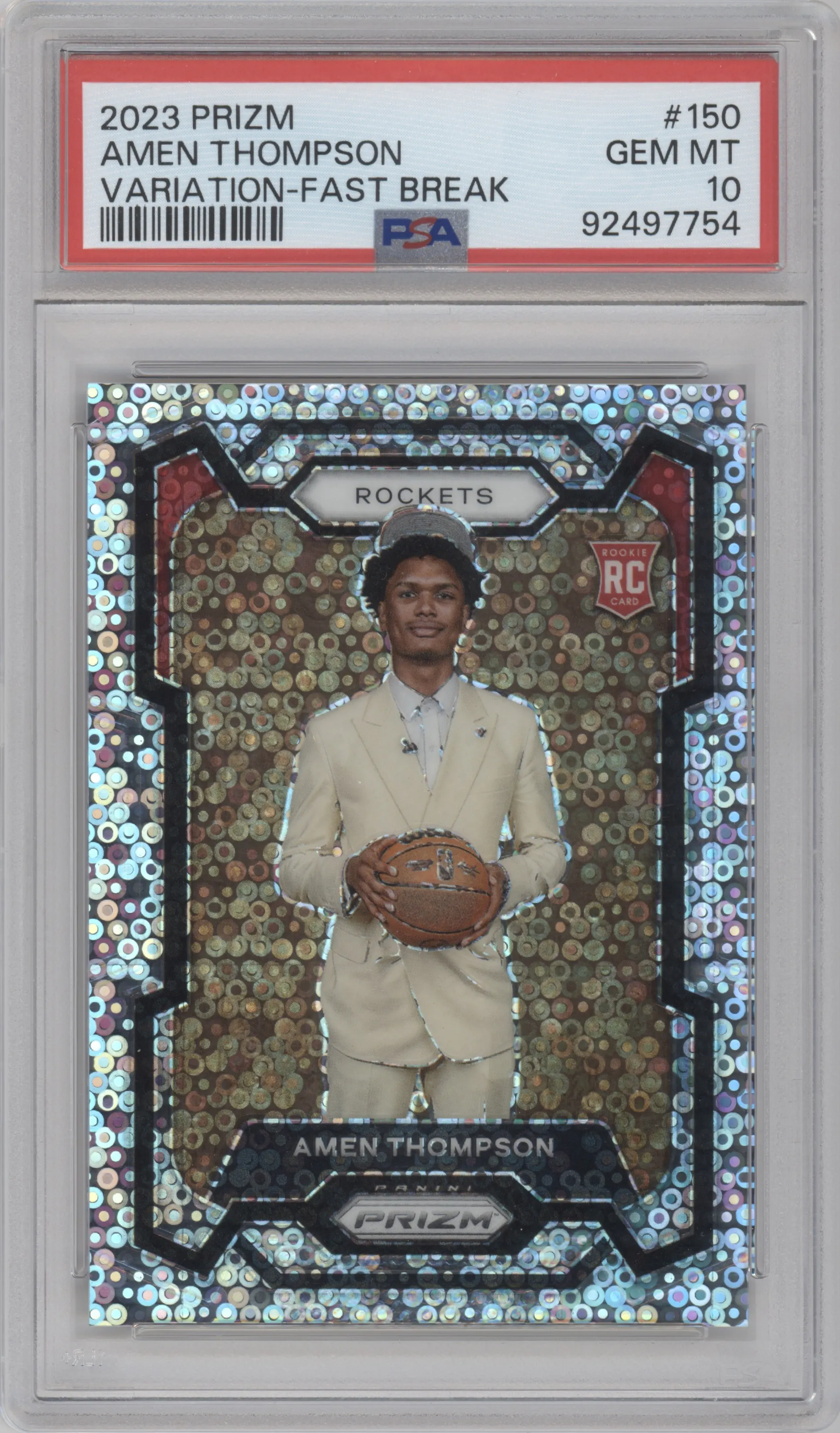 Amen Thompson from the 2023-24 Panini Prizm set featuring a Fast Break parallel graded by PSA and given an overall grade of 10.