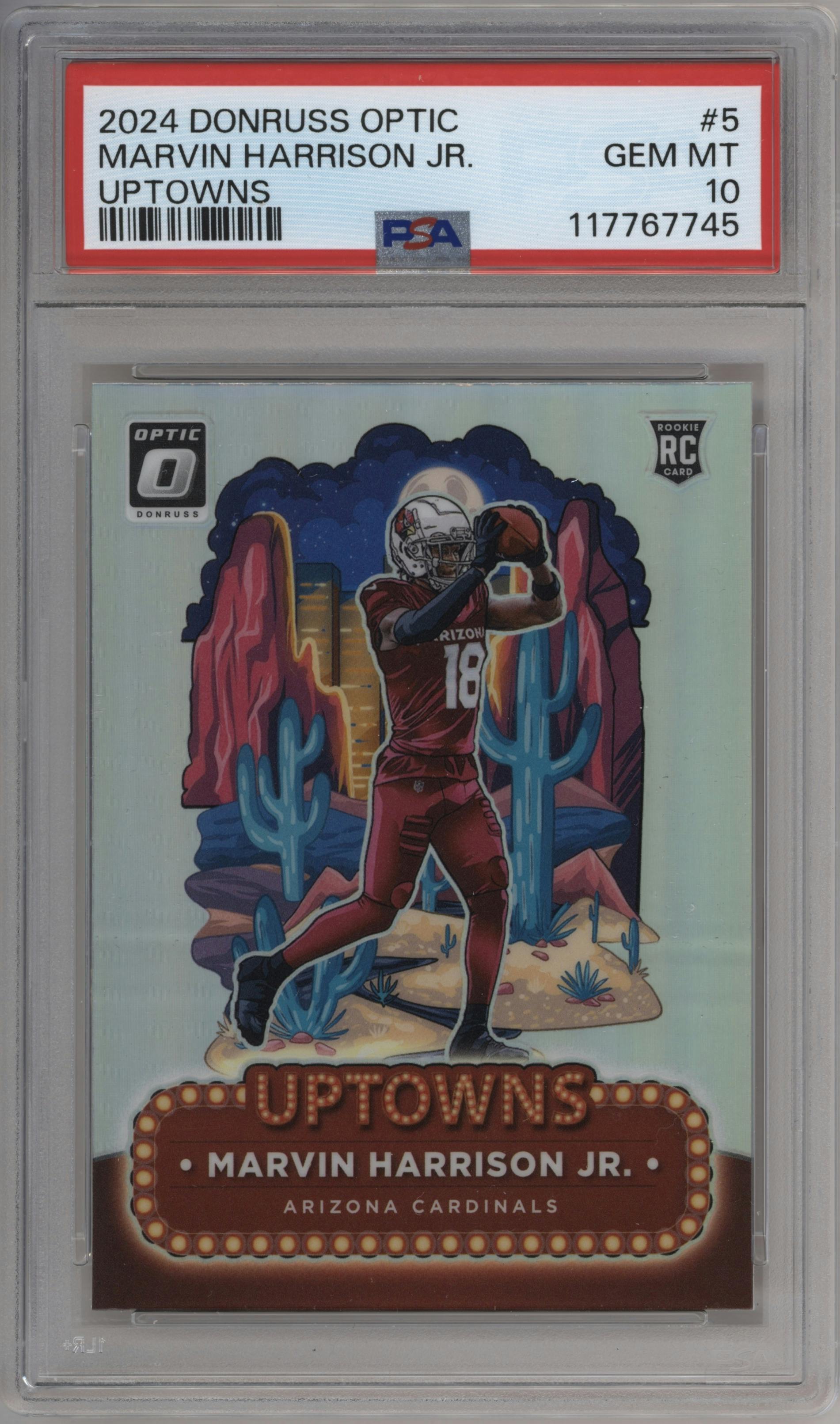 Marvin Harrison Jr. from the 2024 Donruss Optic set graded by PSA and given an overall grade of 10.