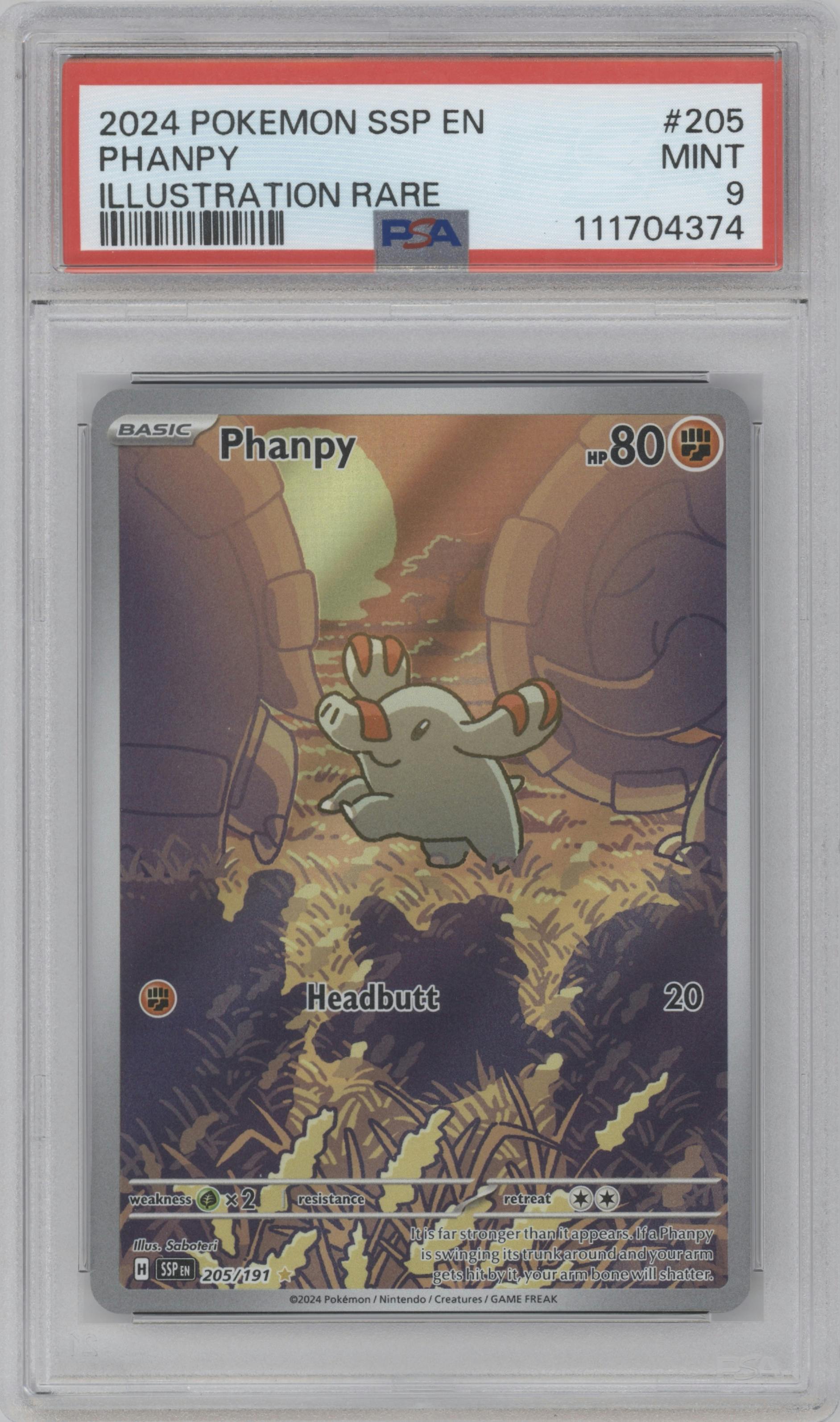 Phanpy from the 2024 Pokemon SV set graded by PSA and given an overall grade of 9.