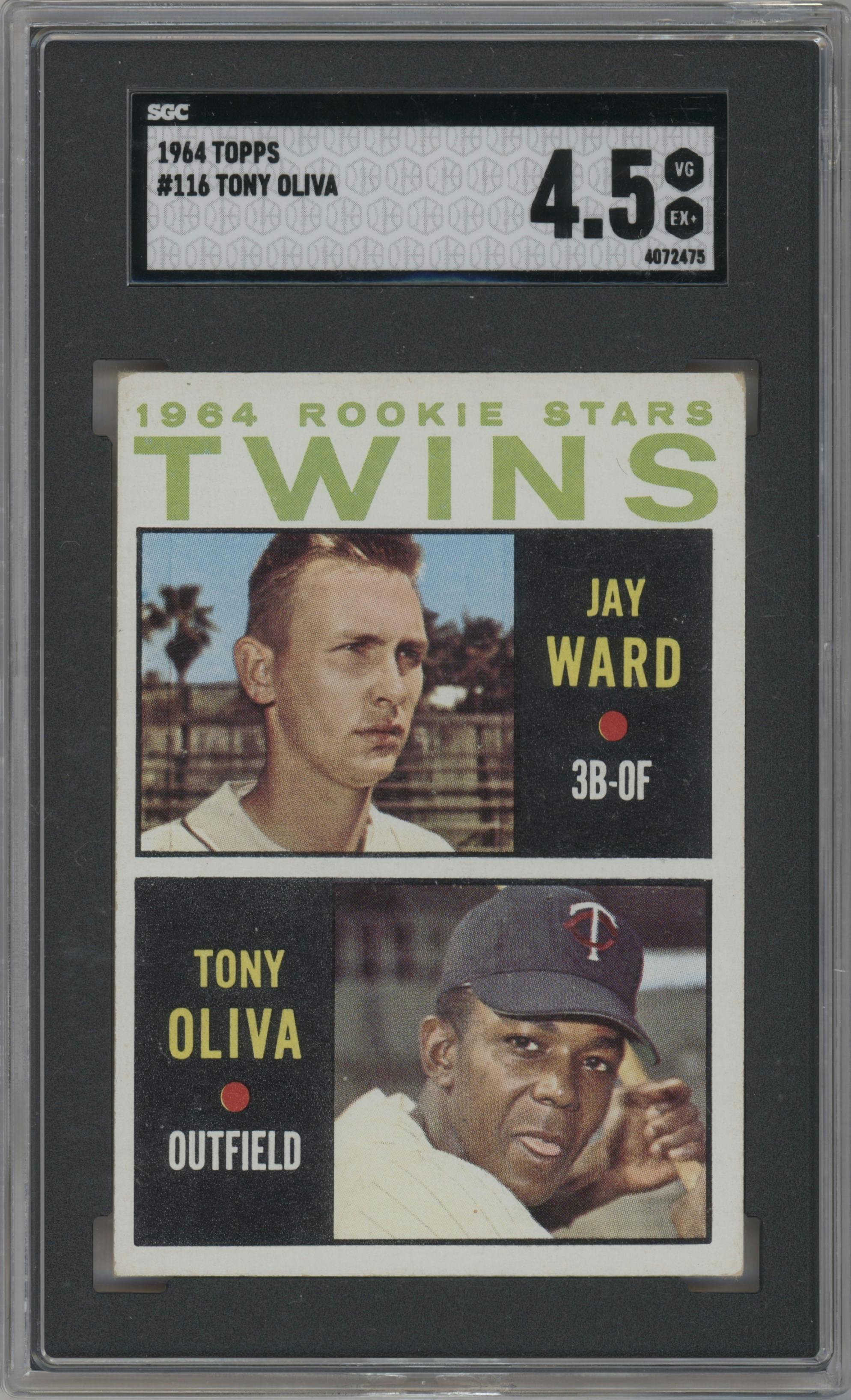 Jay Ward/Tony Oliva from the 1964 Topps set graded by SGC and given an overall grade of 4.5.