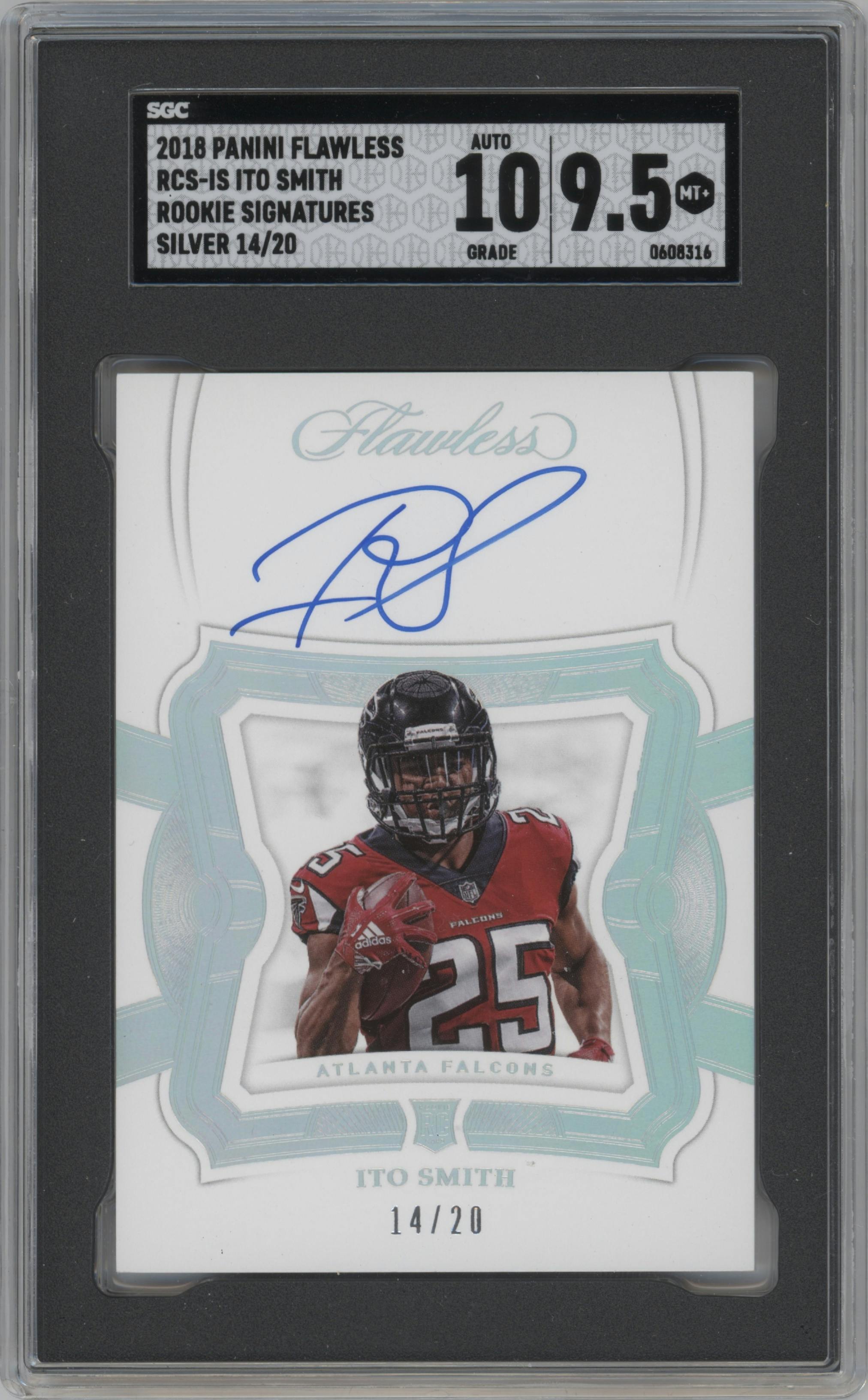 Ito Smith from the 2018 Panini Flawless set featuring a Silver parallel graded by SGC and given an overall grade of 9.5.