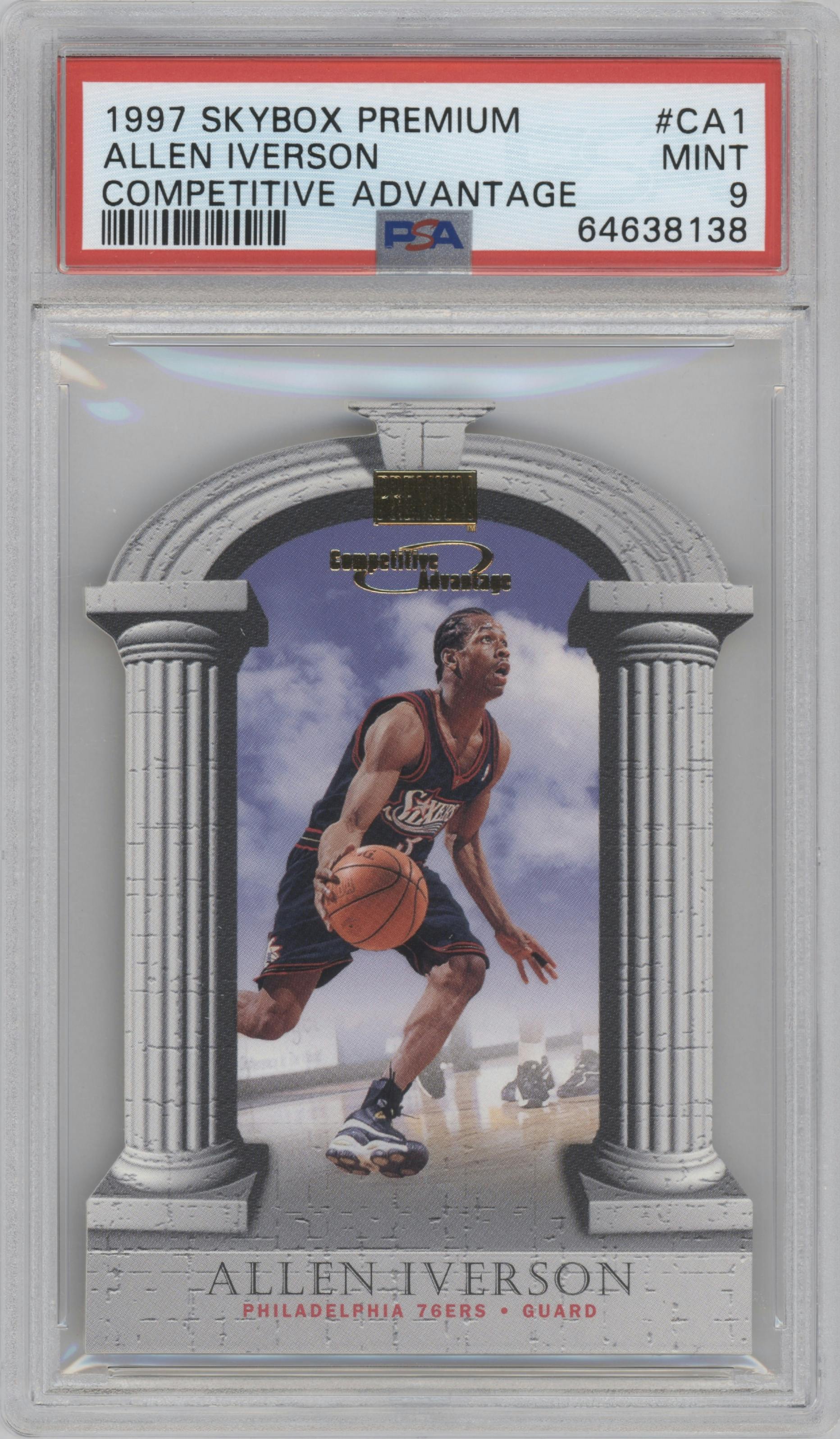 Allen Iverson from the 1997-98 Skybox Premium set graded by PSA and given an overall grade of 9.