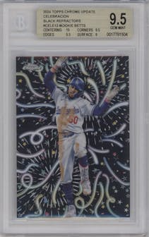 Mookie Betts from the 2024 Topps Chrome Update set featuring a Black Refractor parallel graded by Beckett and given an overall grade of 9.5.