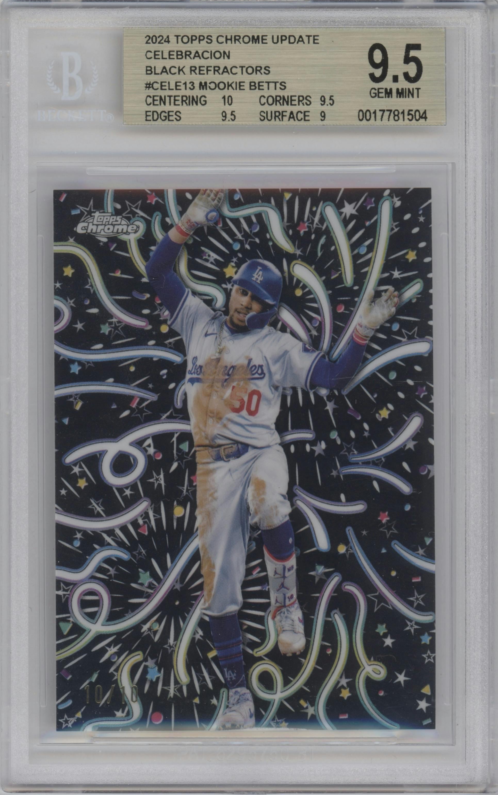 Mookie Betts from the 2024 Topps Chrome Update set featuring a Black Refractor parallel graded by Beckett and given an overall grade of 9.5.