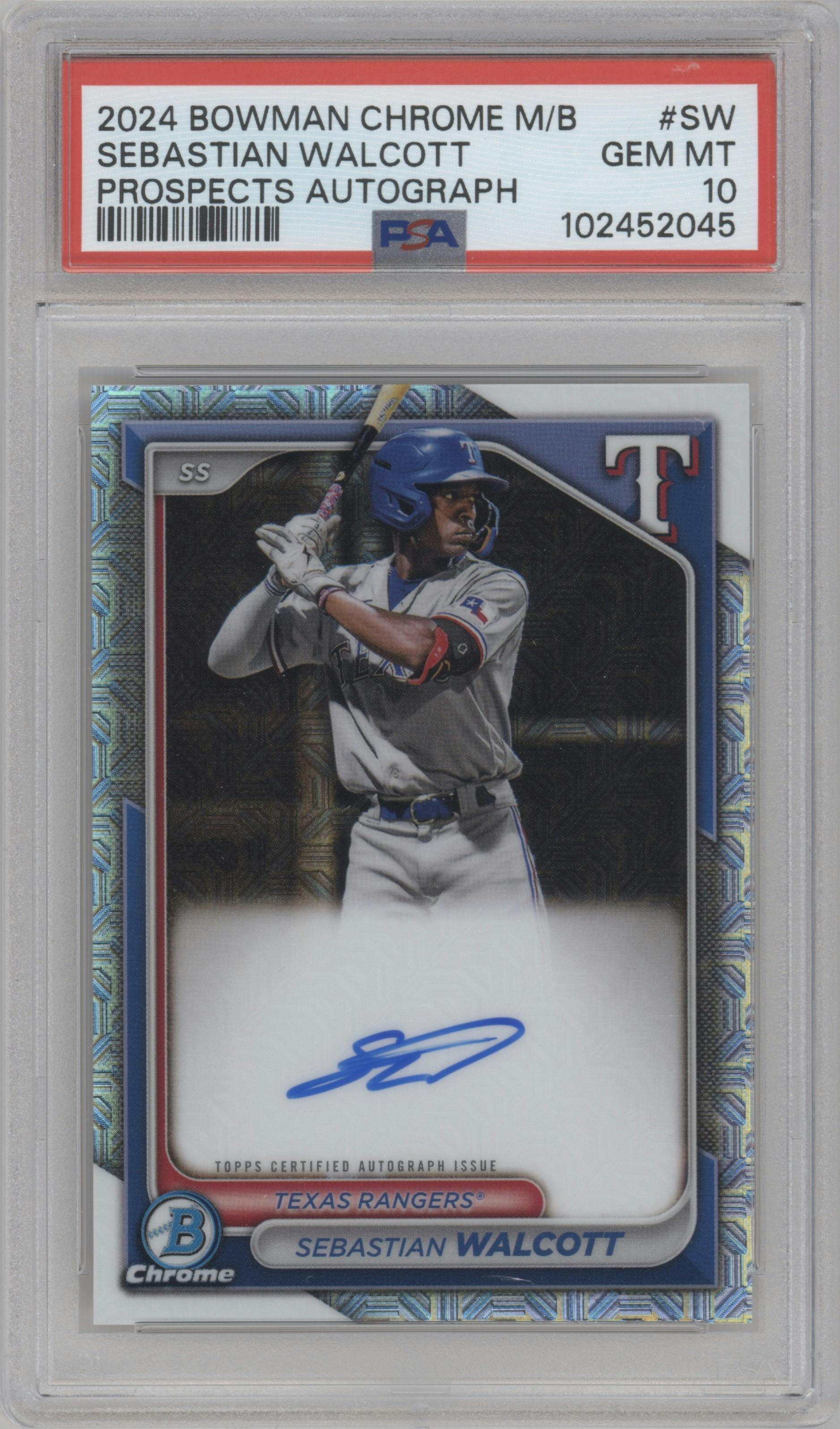 Sebastian Walcott from the 2024 Bowman Chrome Mega Box set graded by PSA and given an overall grade of 10.