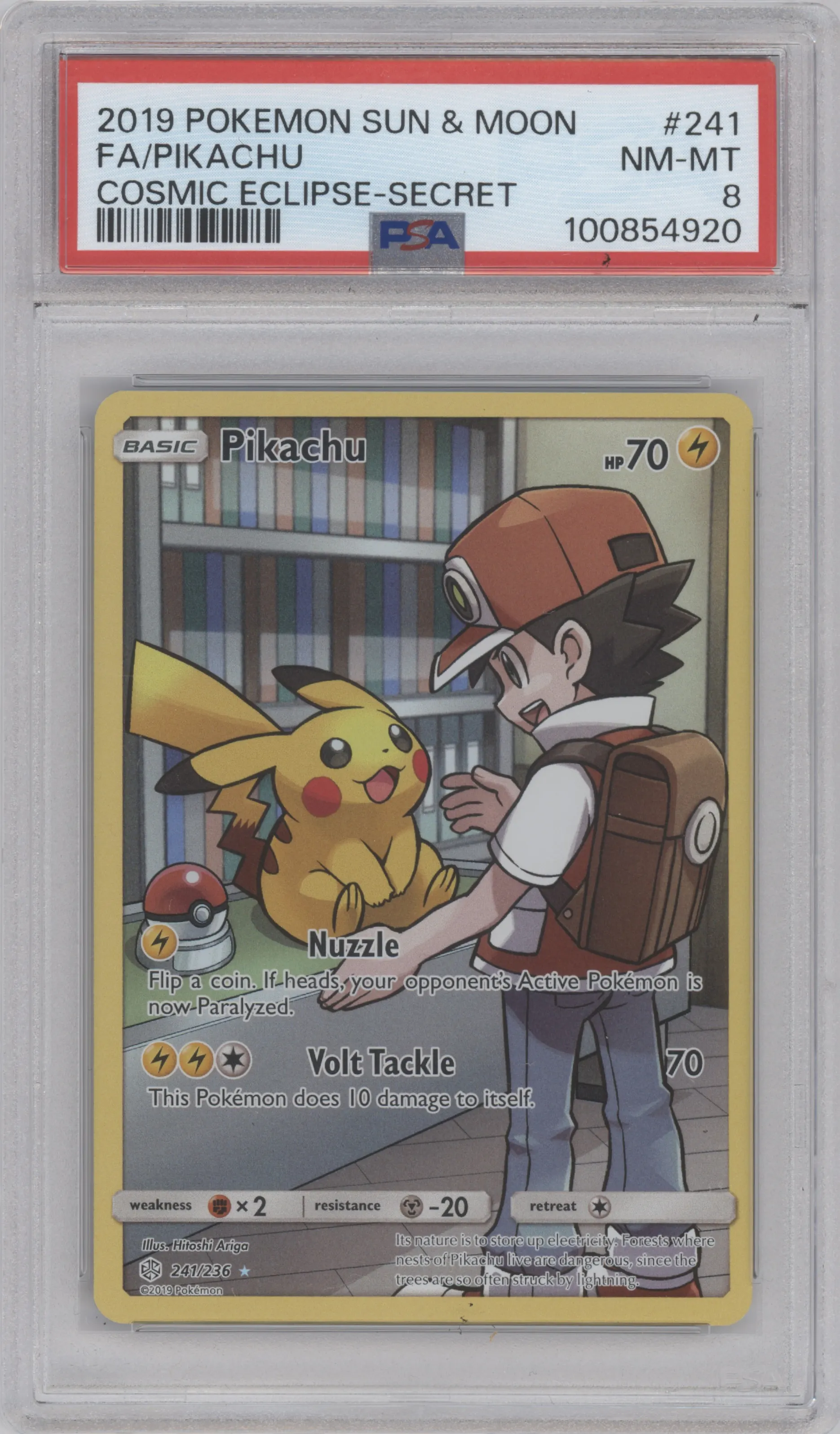 Pikachu from the 2019 Pokemon S&M  set graded by PSA and given an overall grade of 8.