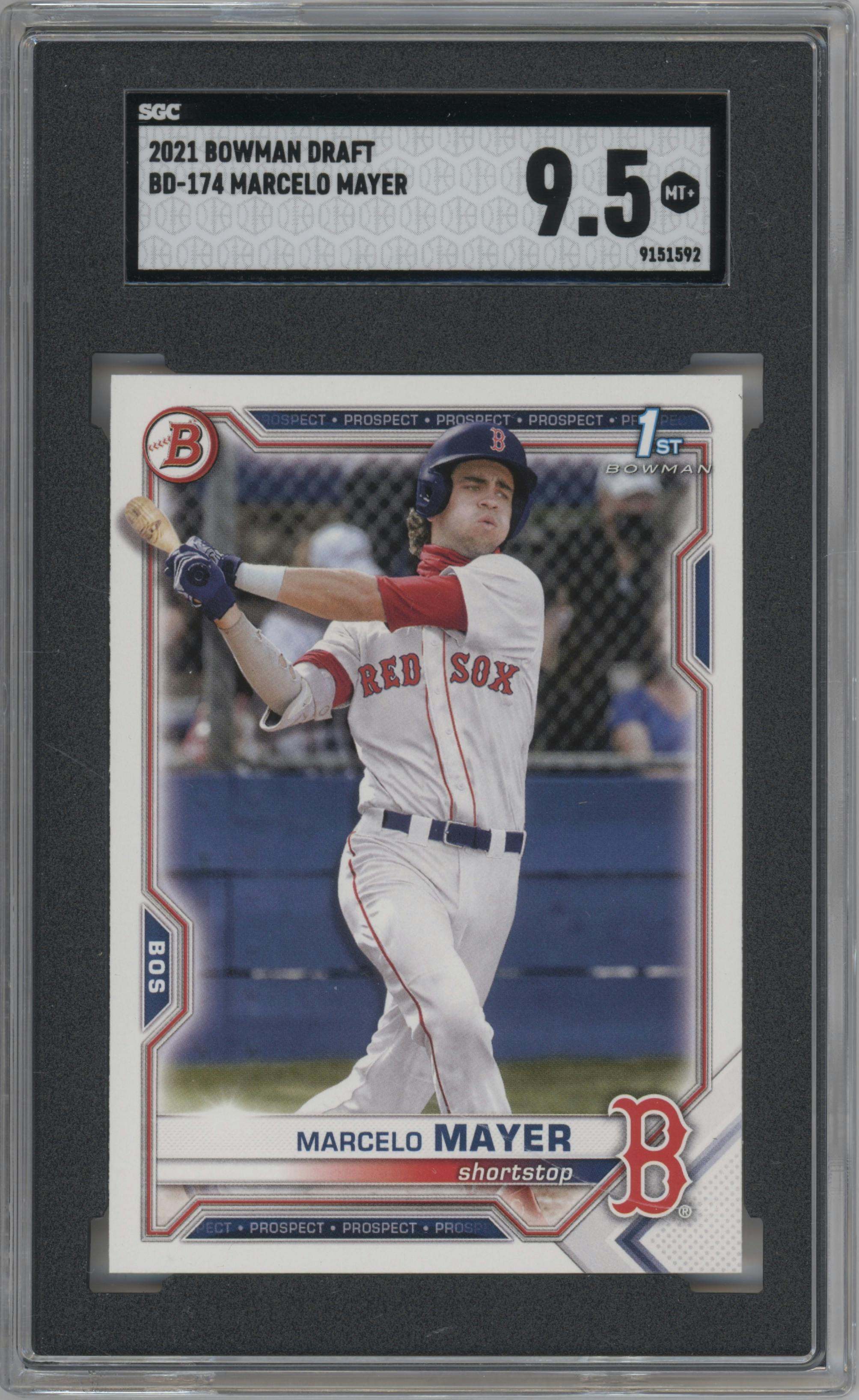 Marcelo Mayer from the 2021 Bowman Draft set graded by SGC and given an overall grade of 9.5.