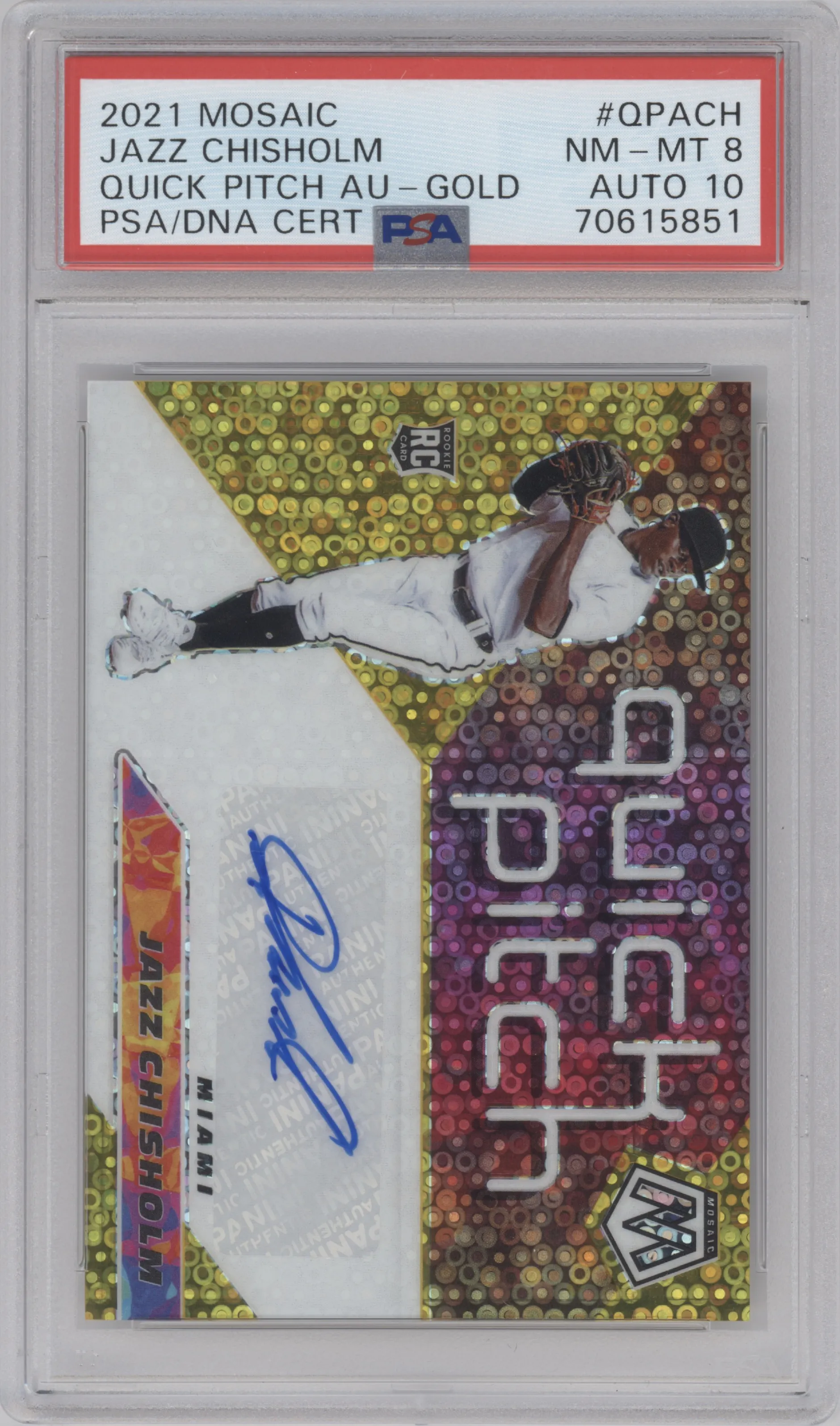 Jazz Chisholm from the 2021 Panini Mosaic  set featuring a Gold parallel graded by PSA and given an overall grade of 8.