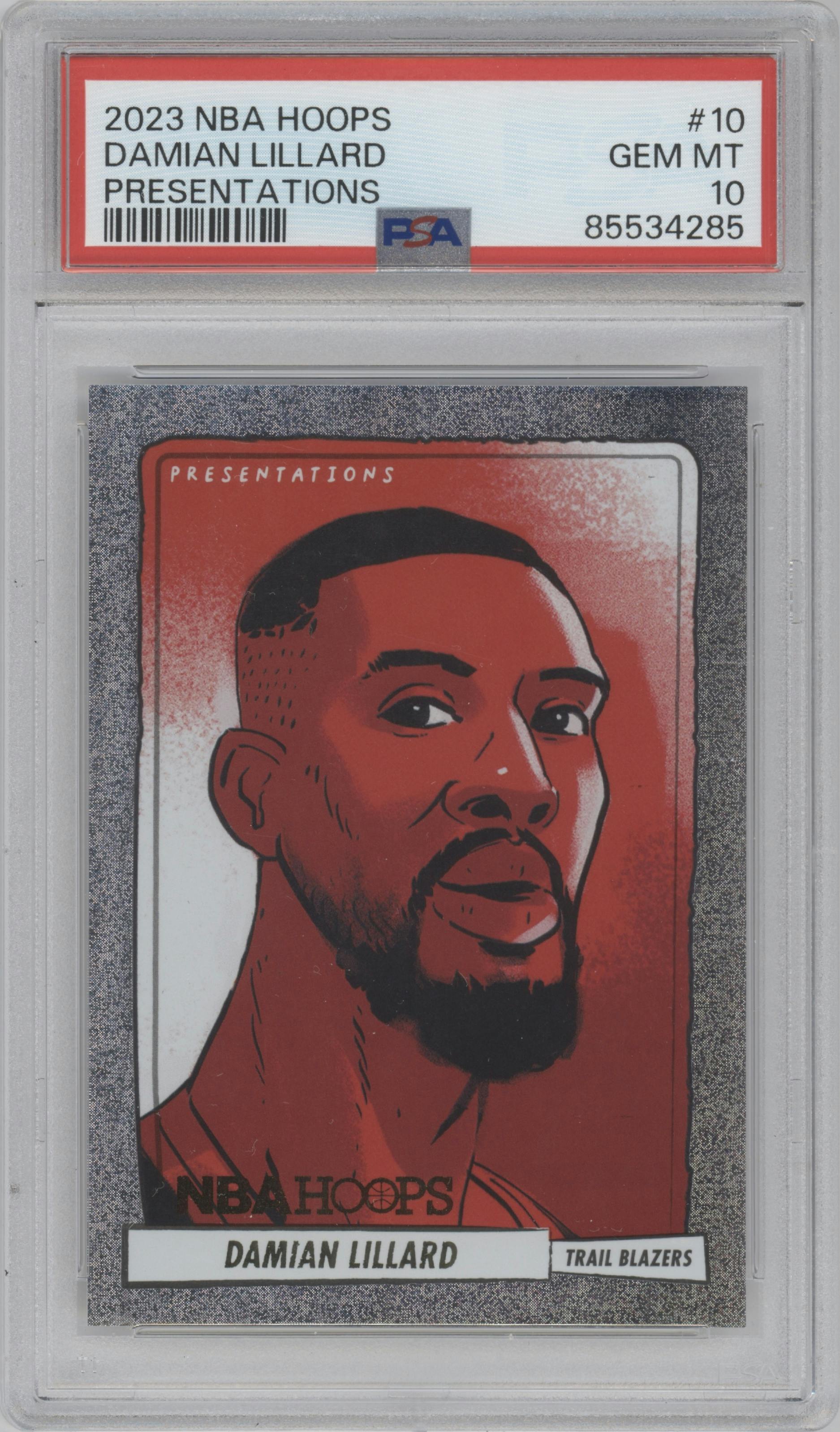 Damian Lillard from the 2023-24 Panini NBA Hoops set graded by PSA and given an overall grade of 10.