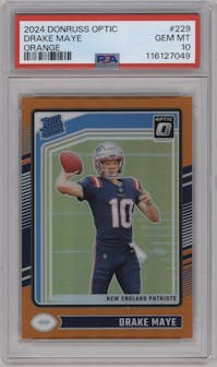 Drake Maye from the 2024 Donruss Optic set featuring a Orange parallel graded by PSA and given an overall grade of 10.