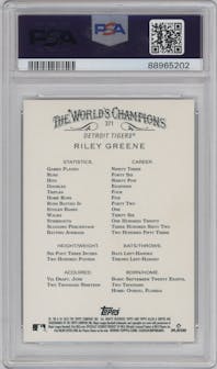 Riley Greene from the 2023 Topps Allen & Ginter set featuring a Silver Portrait Hot Box parallel graded by PSA and given an overall grade of 10.