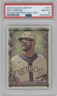 Riley Greene from the 2023 Topps Allen & Ginter set featuring a Silver Portrait Hot Box parallel graded by PSA and given an overall grade of 10.