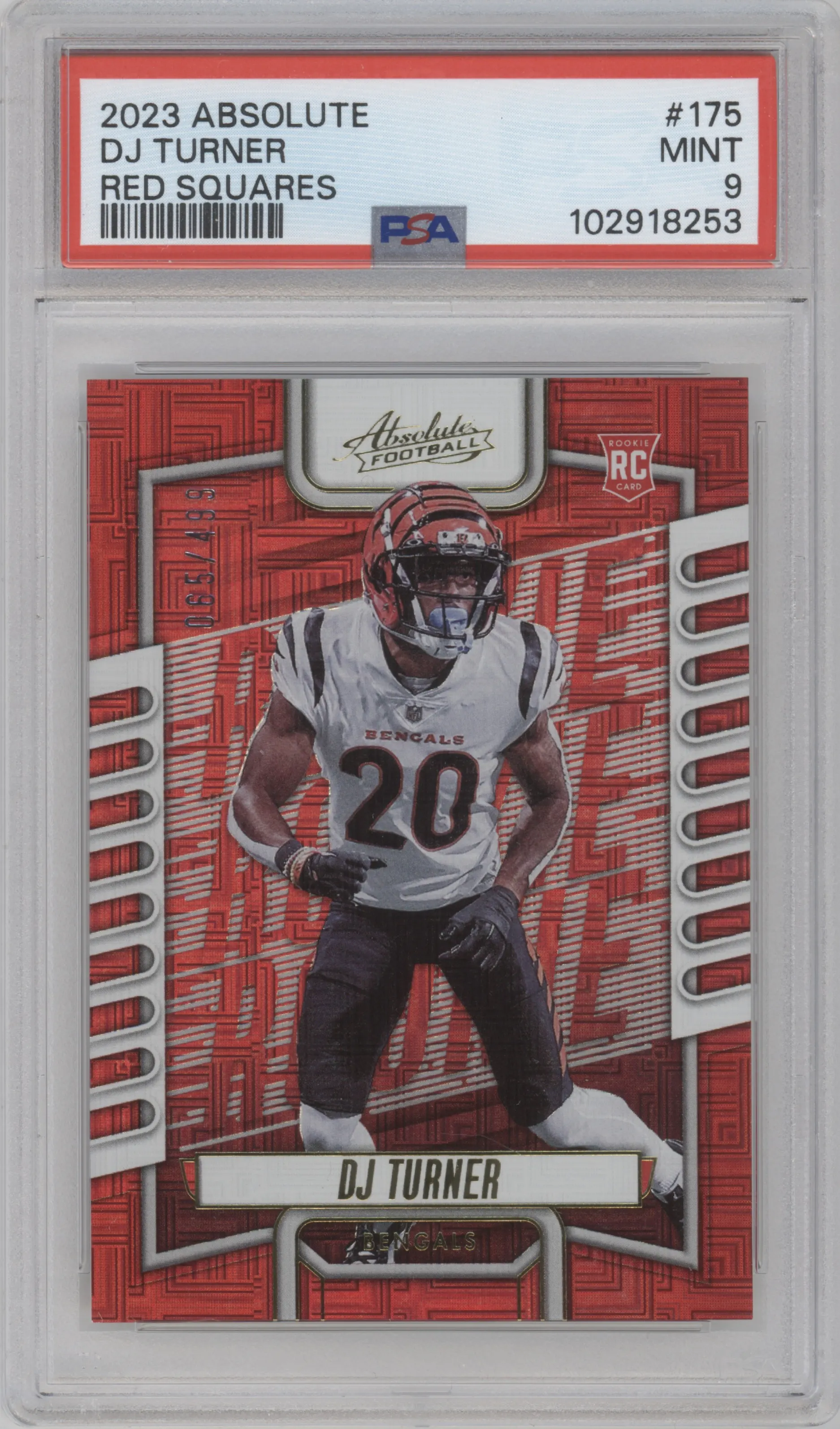 DJ Turner from the 2023 Panini Absolute set featuring a Red Squares parallel graded by PSA and given an overall grade of 9.
