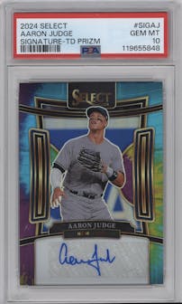 Aaron Judge from the 2024 Panini Select set featuring a Tie-Dye Prizm parallel graded by PSA and given an overall grade of 10.