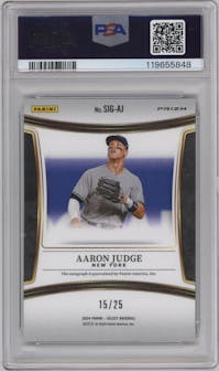Aaron Judge from the 2024 Panini Select set featuring a Tie-Dye Prizm parallel graded by PSA and given an overall grade of 10.