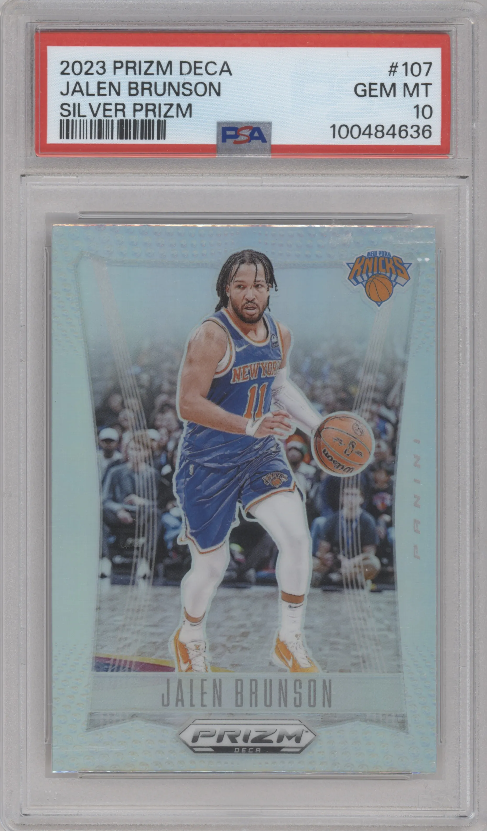 Jalen Brunson from the 2023-24 Panini Prizm Deca set featuring a Silver Prizm parallel graded by PSA and given an overall grade of 10.