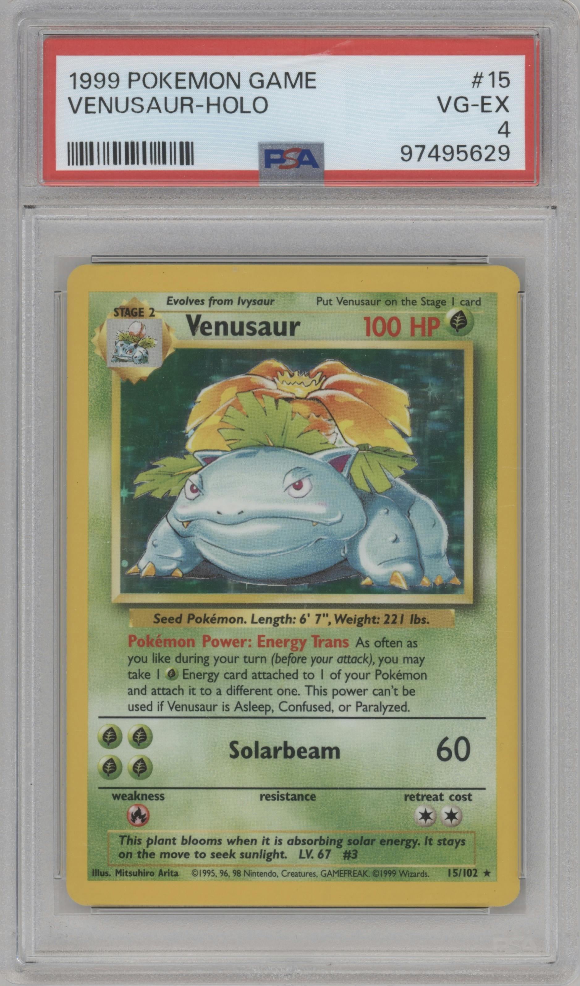 Venusaur from the 1999 Pokemon set graded by PSA and given an overall grade of 4.