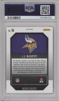 J.J. McCarthy from the 2024 Panini Prizm set featuring a Green Prizm parallel graded by PSA and given an overall grade of 10.