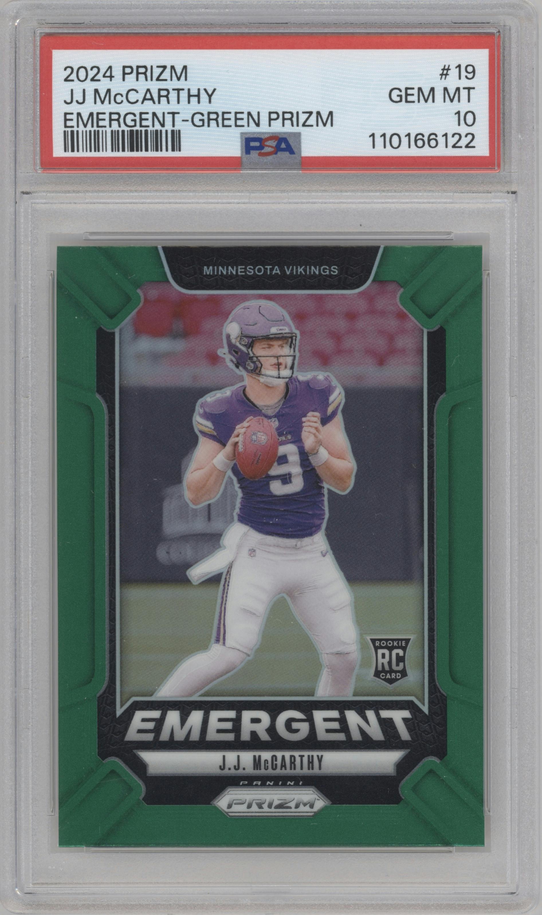 J.J. McCarthy from the 2024 Panini Prizm set featuring a Green Prizm parallel graded by PSA and given an overall grade of 10.