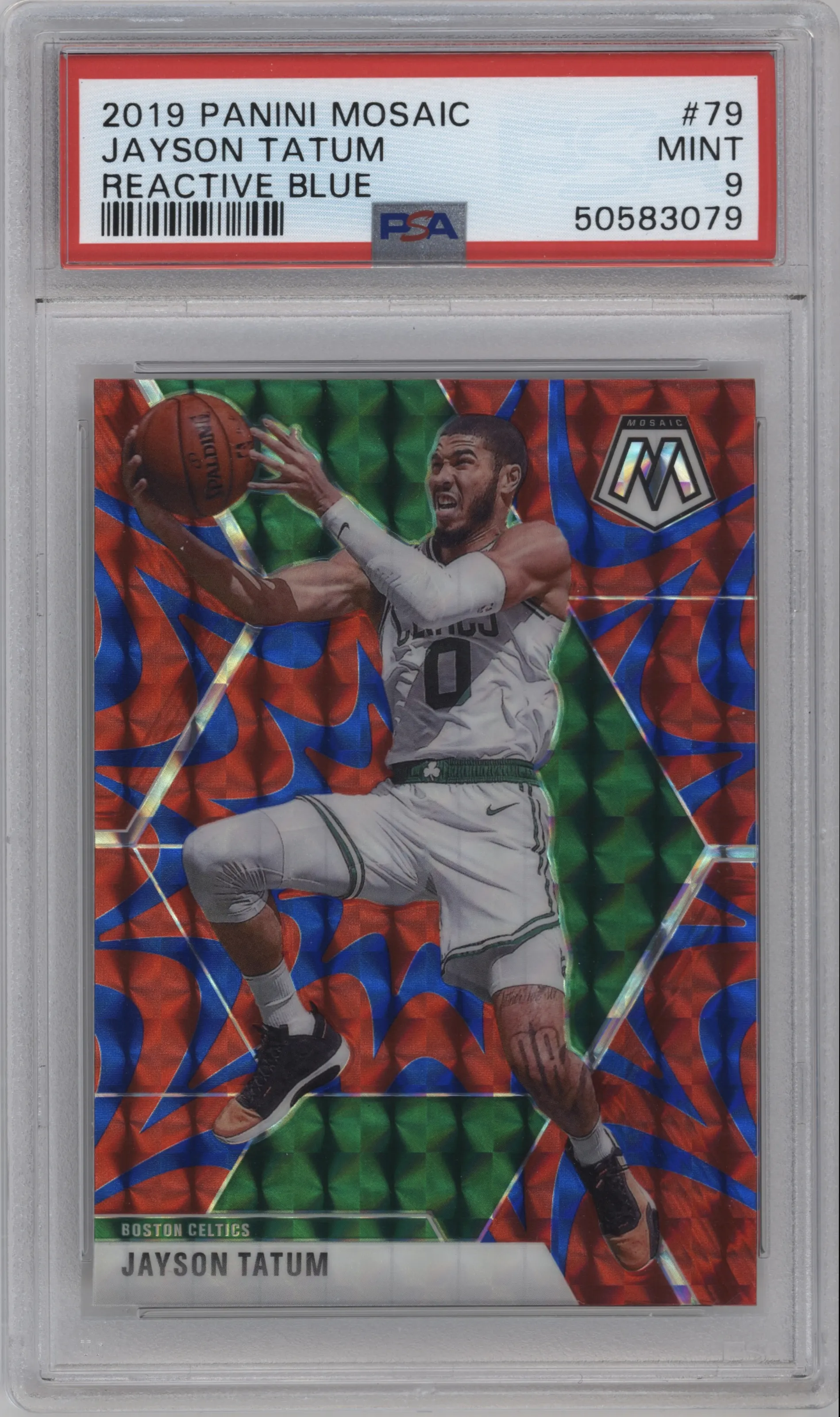 Jayson Tatum from the 2019-20 Panini Mosaic  set featuring a Reactive Blue parallel graded by PSA and given an overall grade of 9.