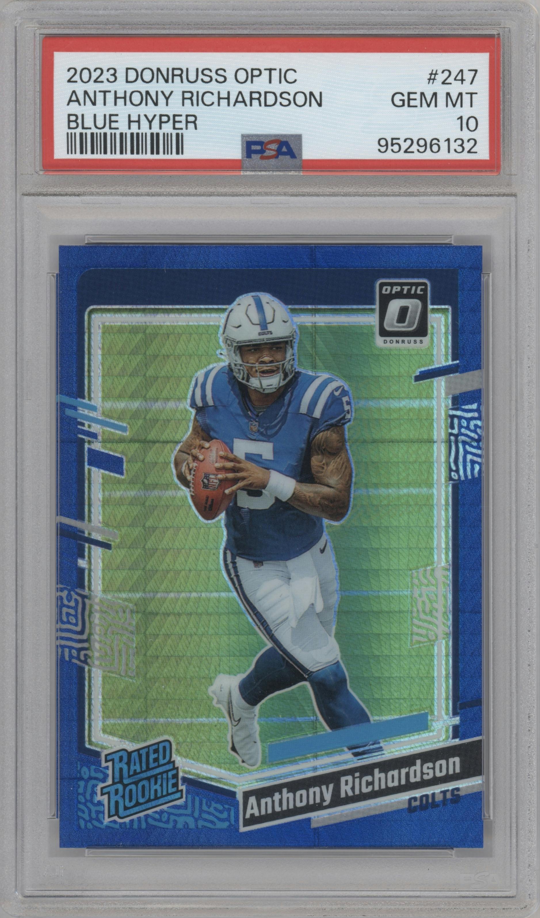 Anthony Richardson from the 2023 Donruss Optic set featuring a Hyper Blue parallel graded by PSA and given an overall grade of 10.