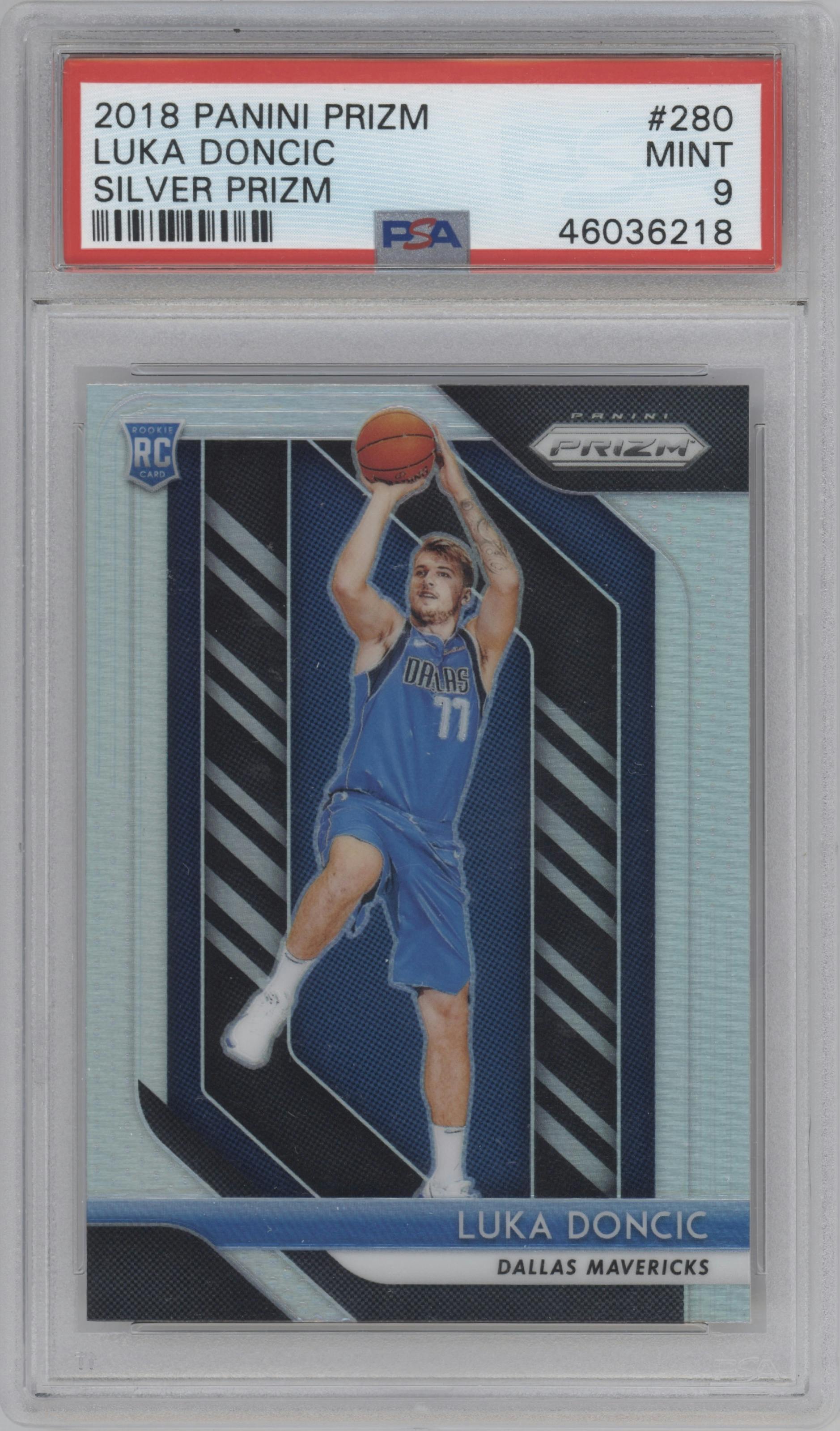 Luka Doncic from the 2018-19 Panini Prizm set featuring a Silver Prizm parallel graded by PSA and given an overall grade of 9.