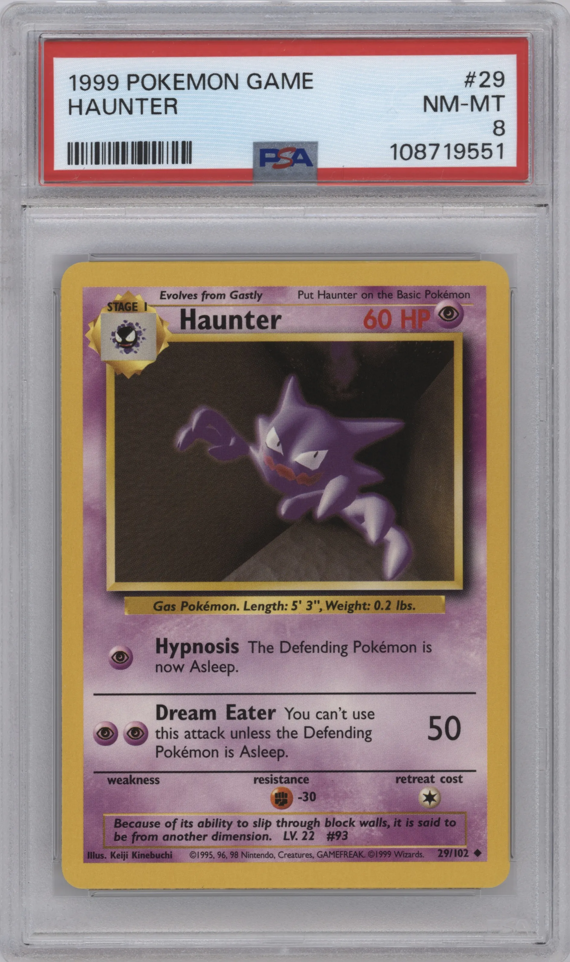 Haunter from the 1999 Pokemon set graded by PSA and given an overall grade of 8.