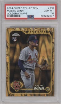 Masyn Winn from the 2024 Topps Gilded Collection set featuring a Gold RayWave Refractor parallel graded by PSA and given an overall grade of 10.