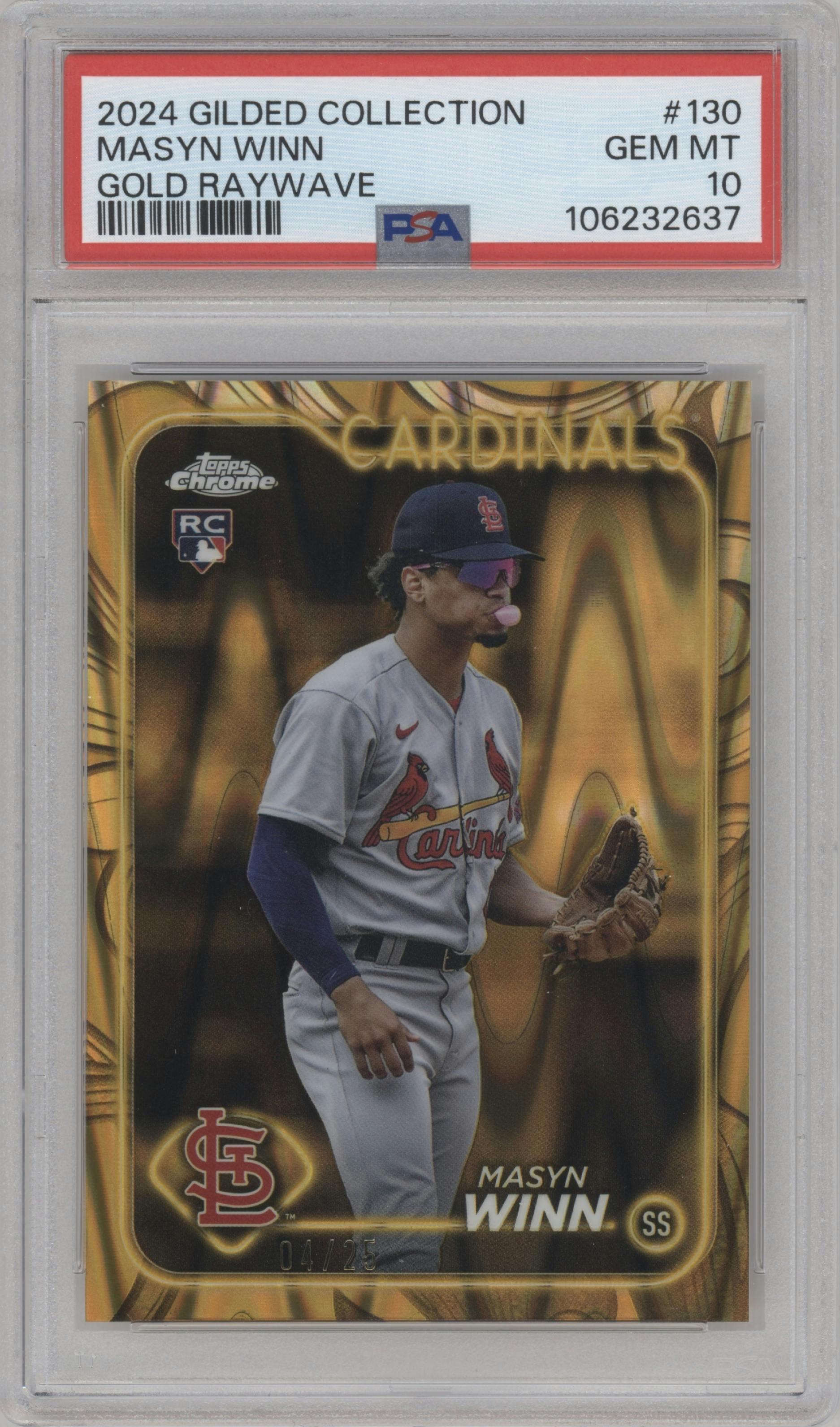 Masyn Winn from the 2024 Topps Gilded Collection set featuring a Gold RayWave Refractor parallel graded by PSA and given an overall grade of 10.