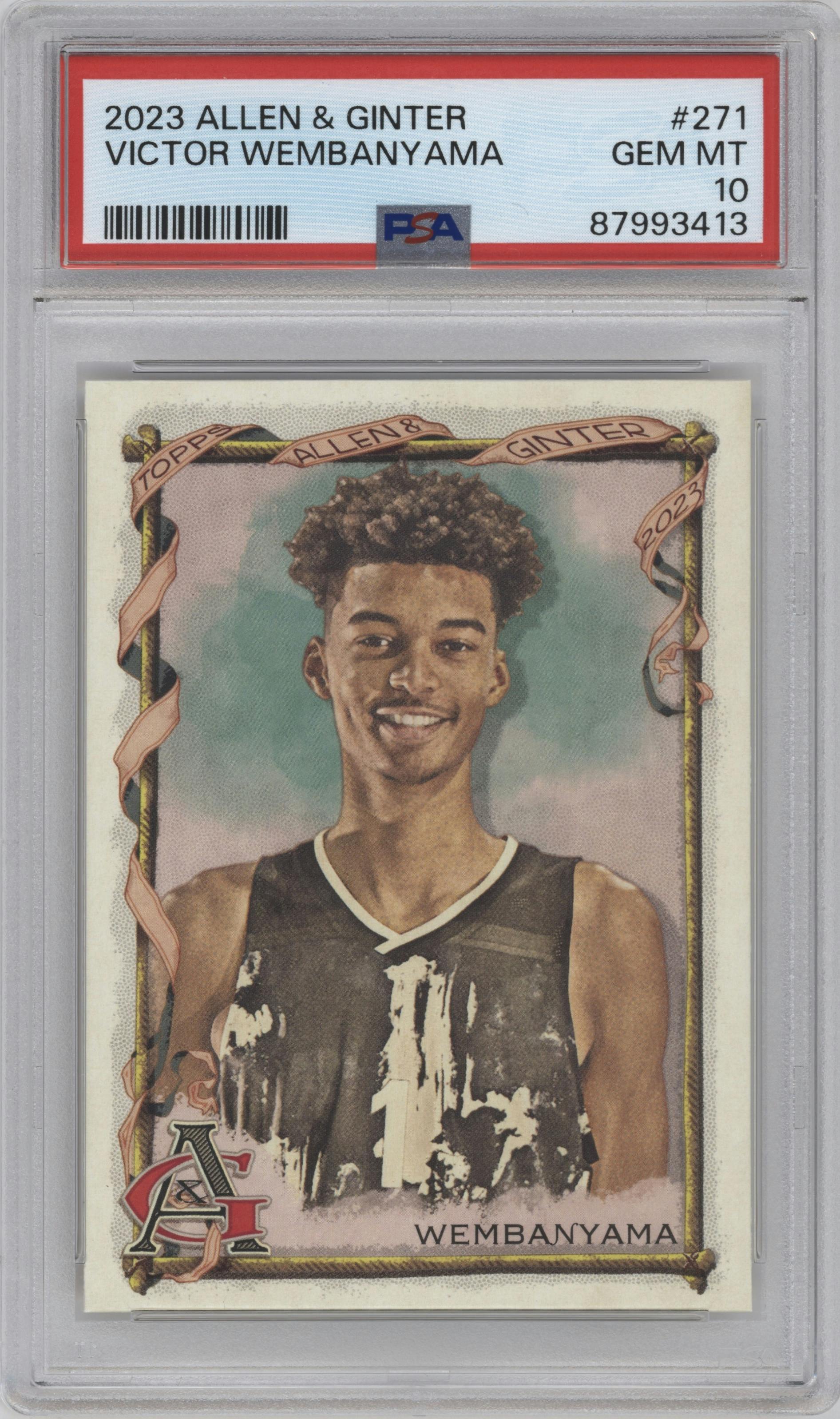 Victor Wembanyama from the 2023 Topps Allen & Ginter set graded by PSA and given an overall grade of 10.