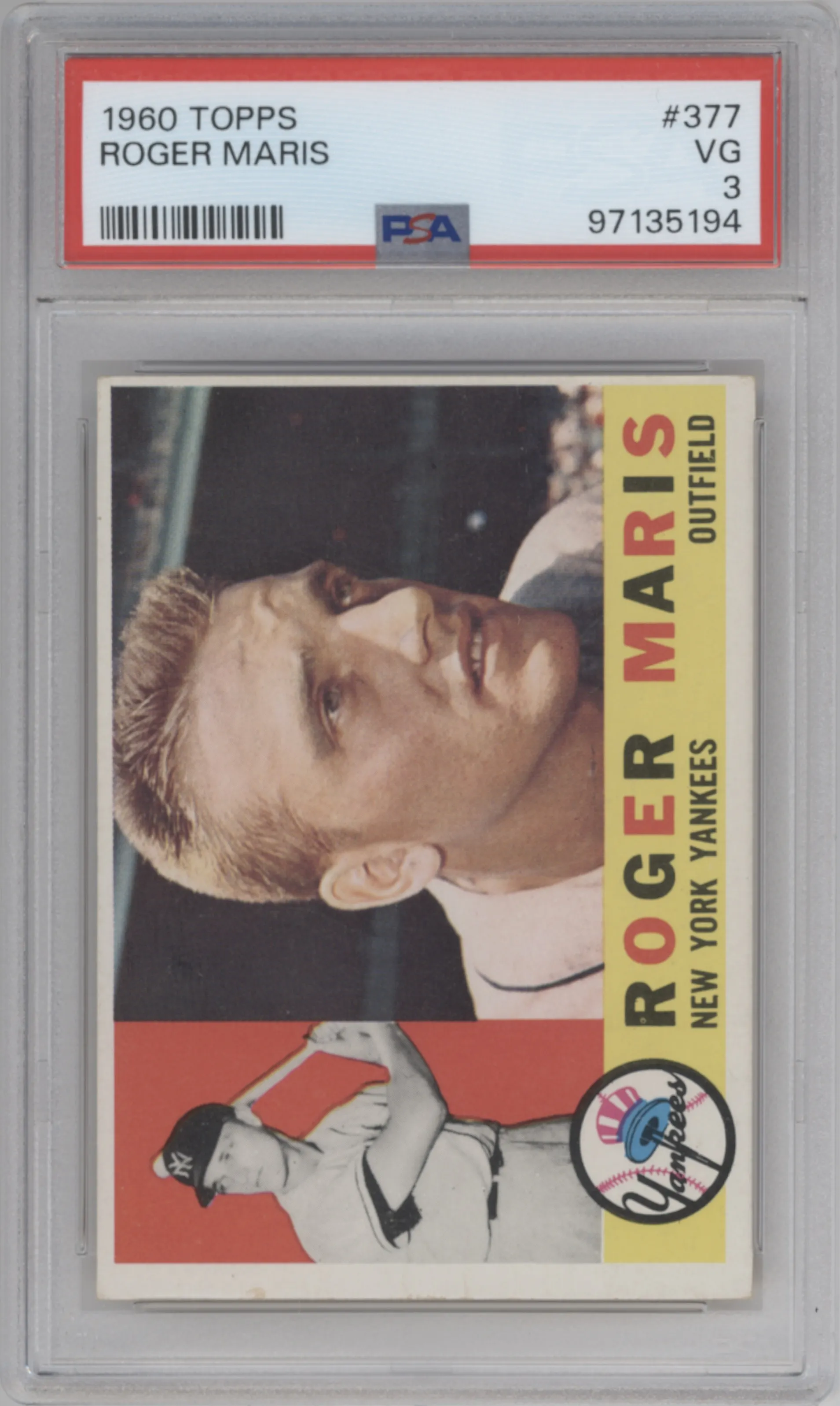 Roger Maris from the 1960 Topps set graded by PSA and given an overall grade of 3.