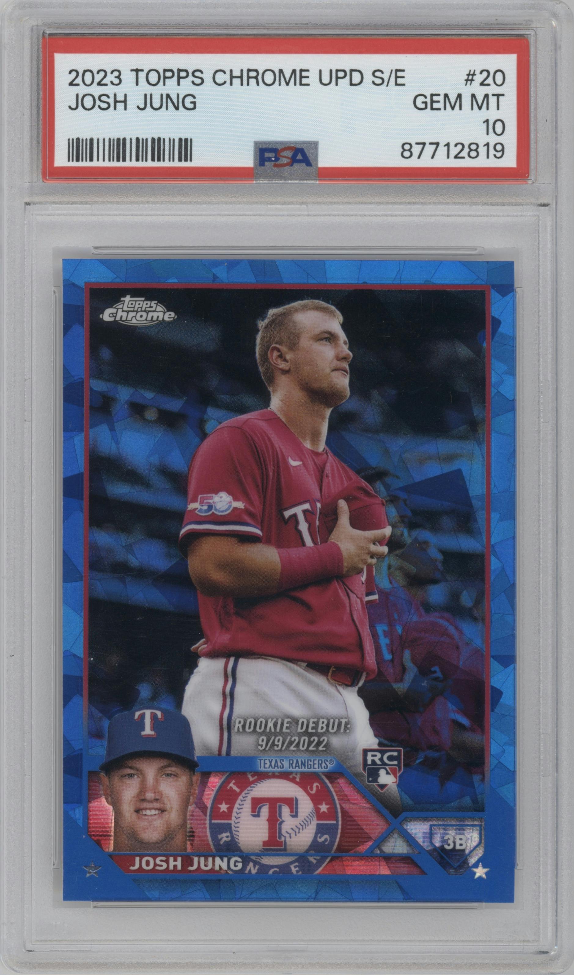 Josh Jung from the 2023 Topps Chrome Update Series Sapphire Edition set graded by PSA and given an overall grade of 10.