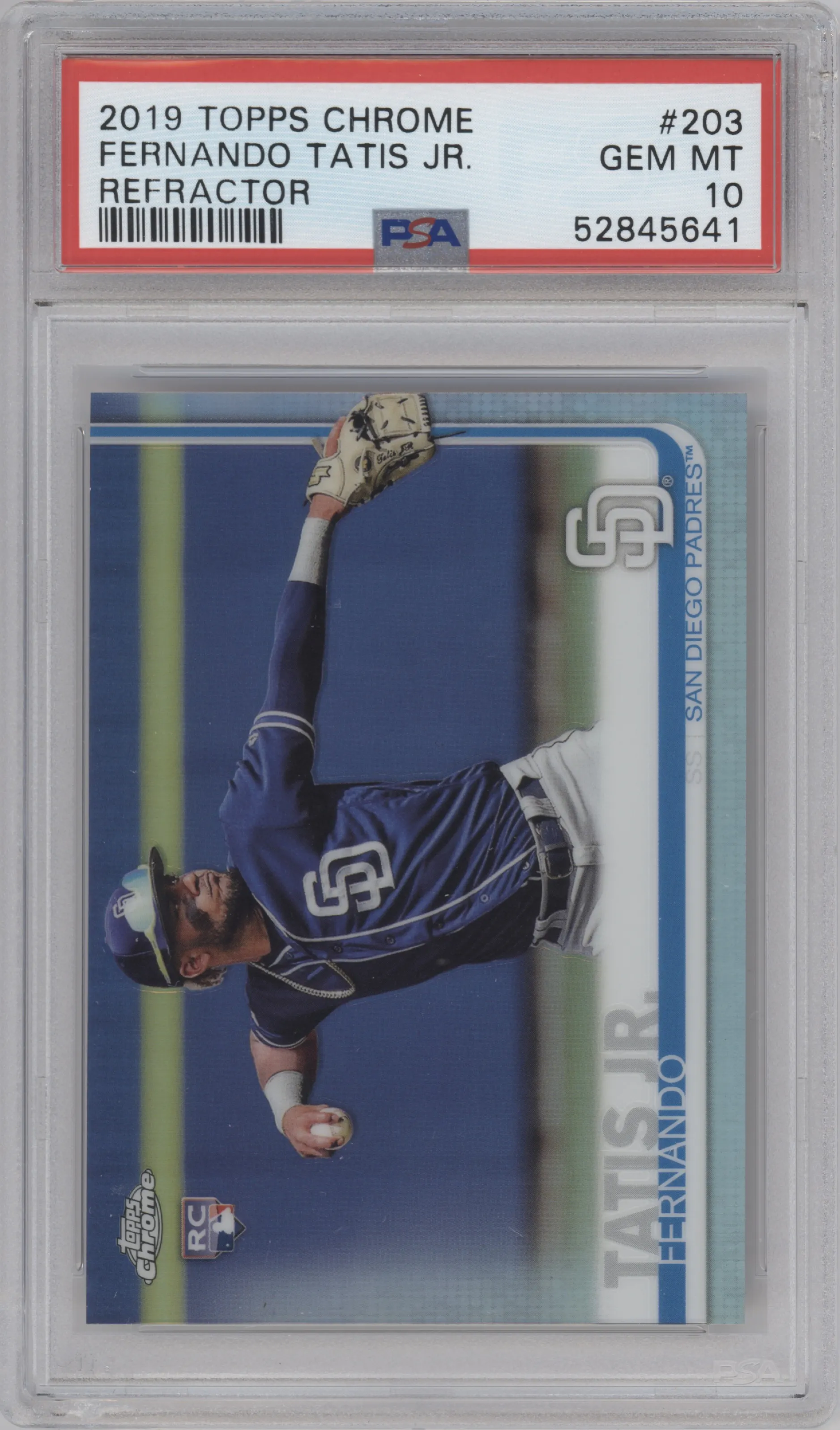Fernando Tatis Jr. from the 2019 Topps Chrome set featuring a Refractor parallel graded by PSA and given an overall grade of 10.