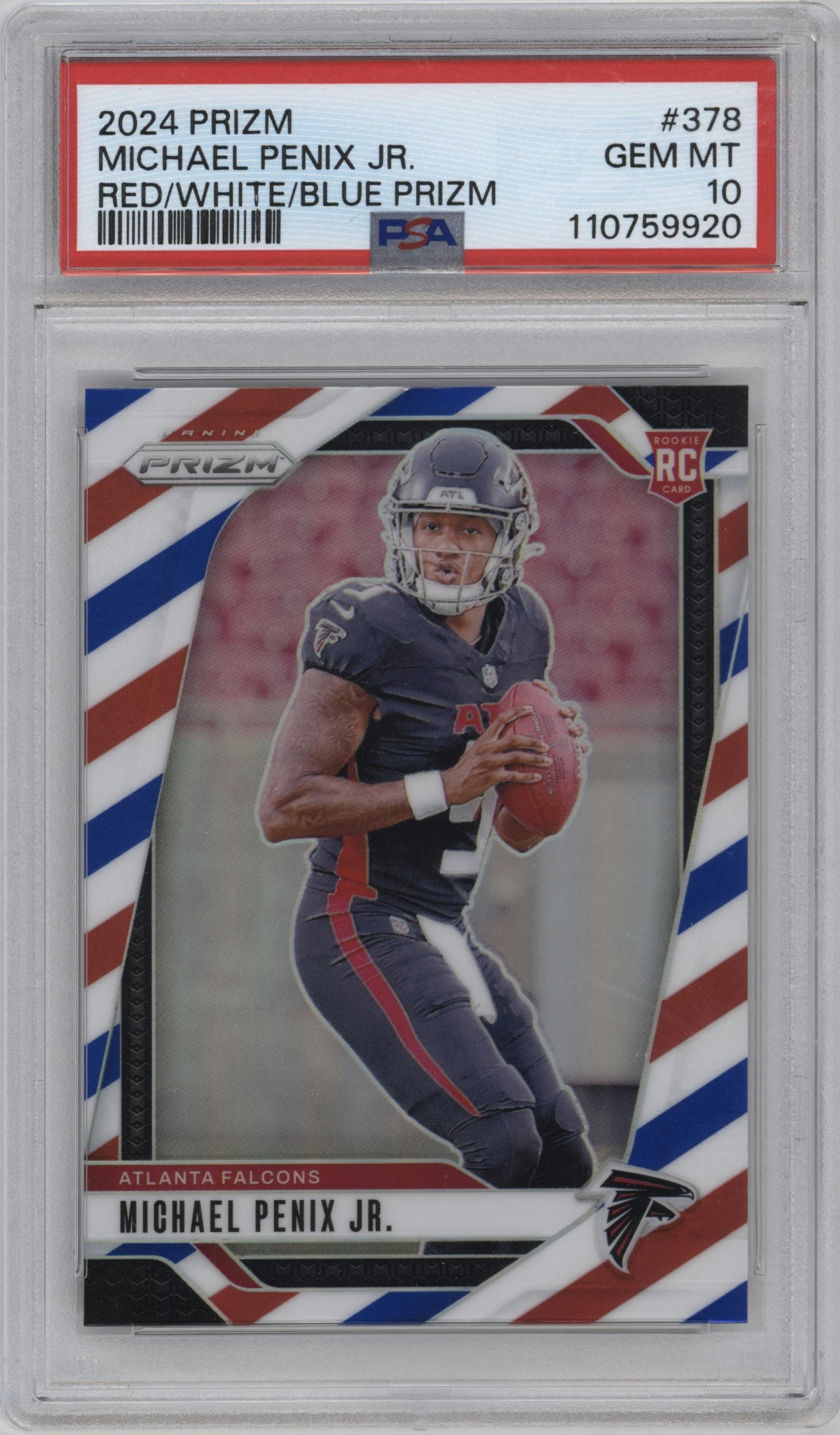 Michael Penix Jr. from the 2024 Panini Prizm set featuring a Red/White/Blue Prizm parallel graded by PSA and given an overall grade of 10.
