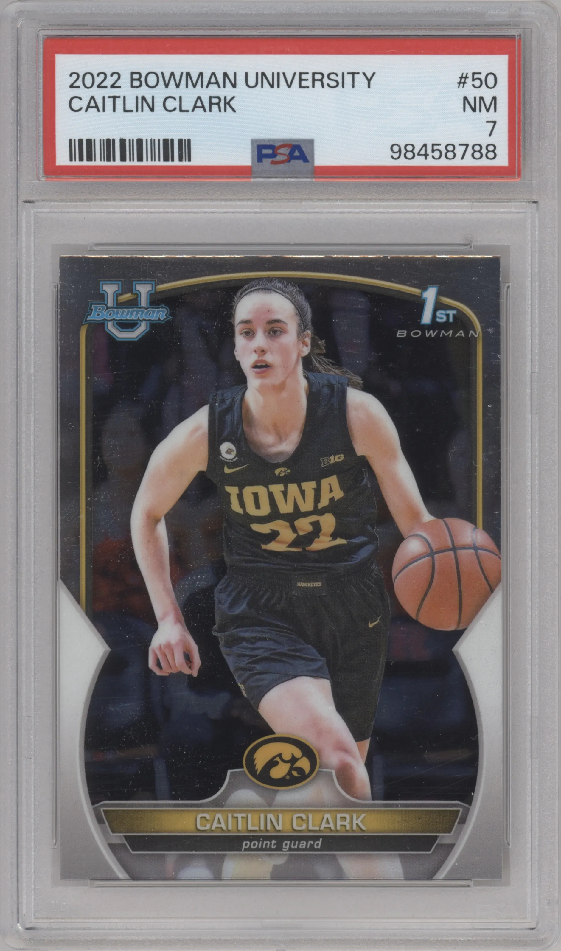 Caitlin Clark from the 2022-23 Bowman University Chrome set graded by PSA and given an overall grade of 7.