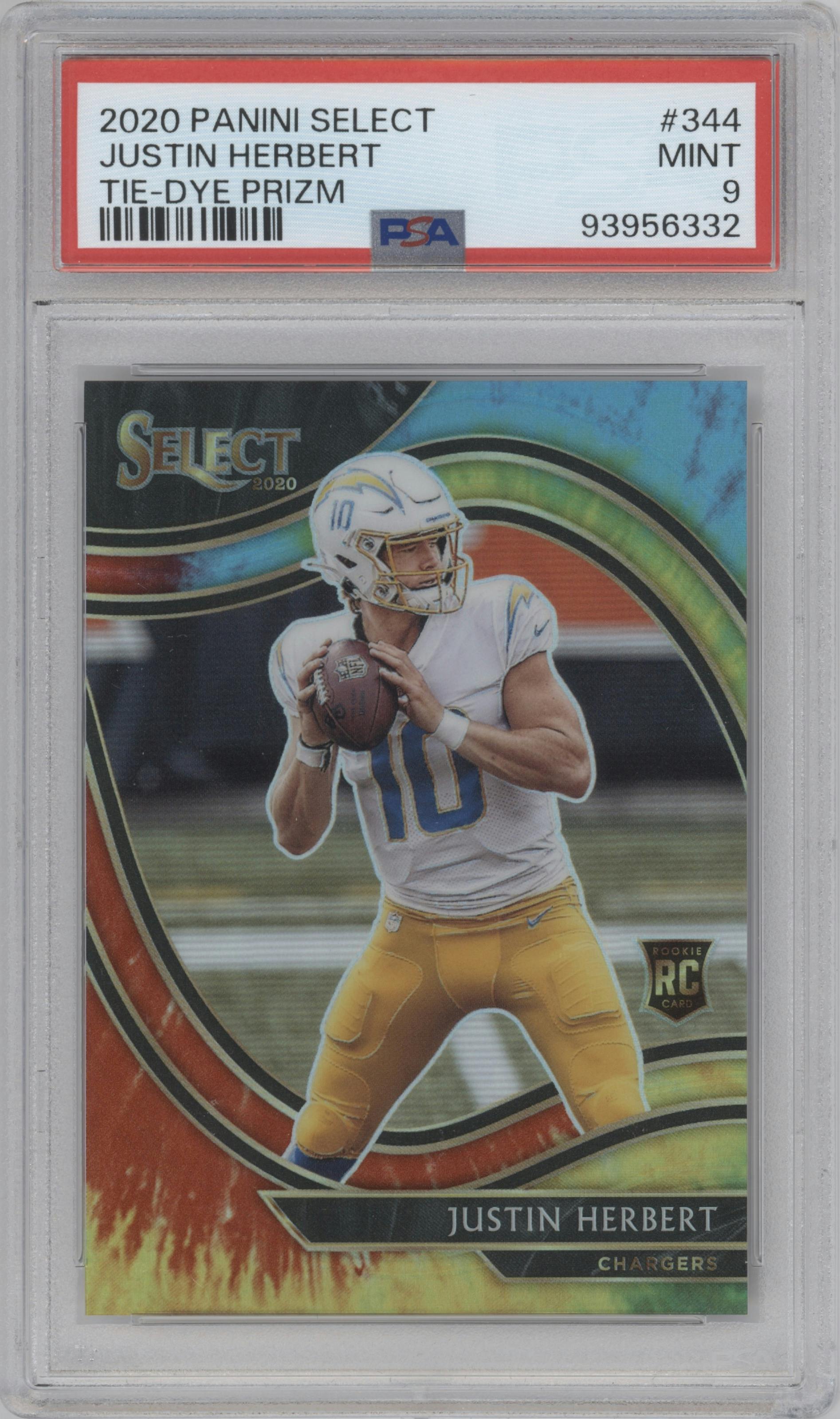 Justin Herbert from the 2020 Panini Select set featuring a Tie-Dye parallel graded by PSA and given an overall grade of 9.