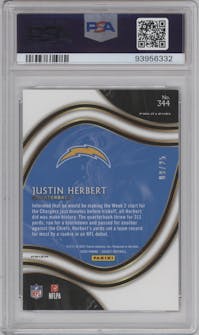 Justin Herbert from the 2020 Panini Select set featuring a Tie-Dye parallel graded by PSA and given an overall grade of 9.