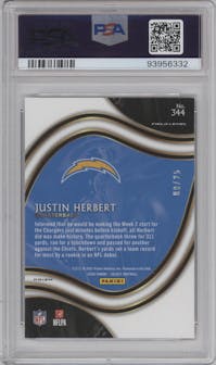 Justin Herbert from the 2020 Panini Select set featuring a Tie-Dye parallel graded by PSA and given an overall grade of 9.